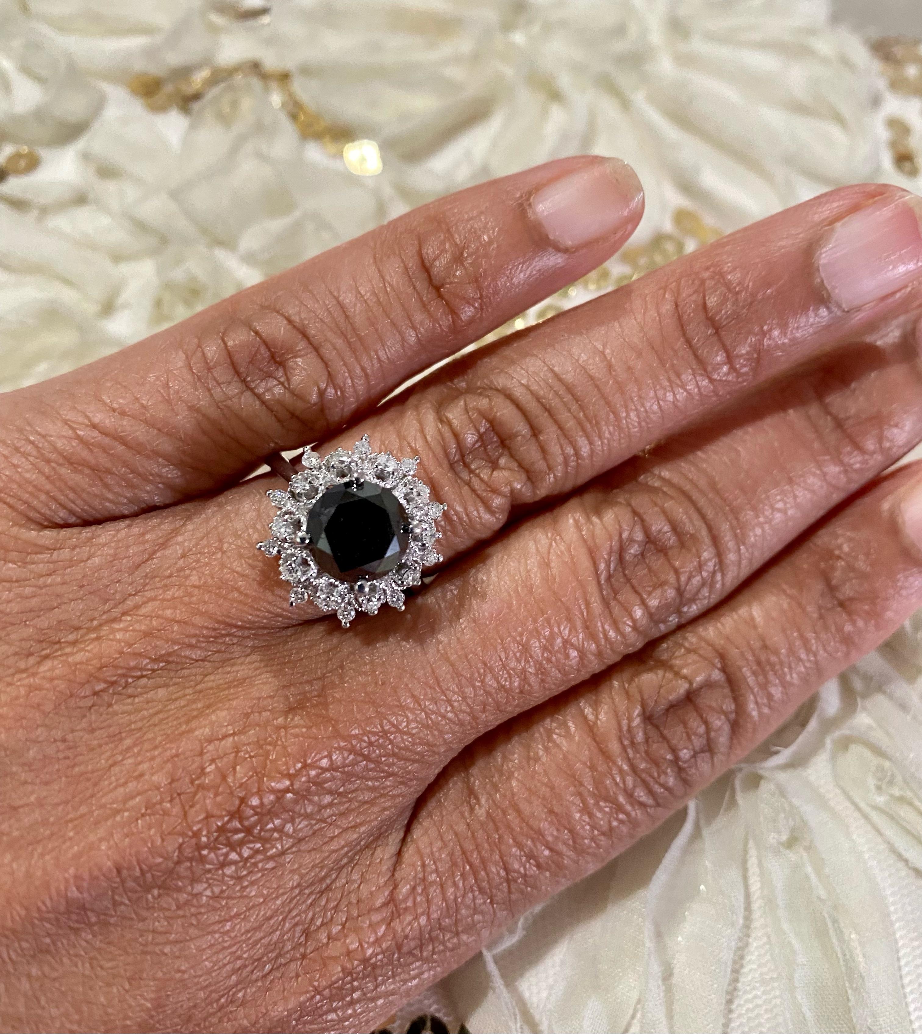 3.06 Carat Round Cut Black Diamond White Gold Cocktail Ring For Sale 1