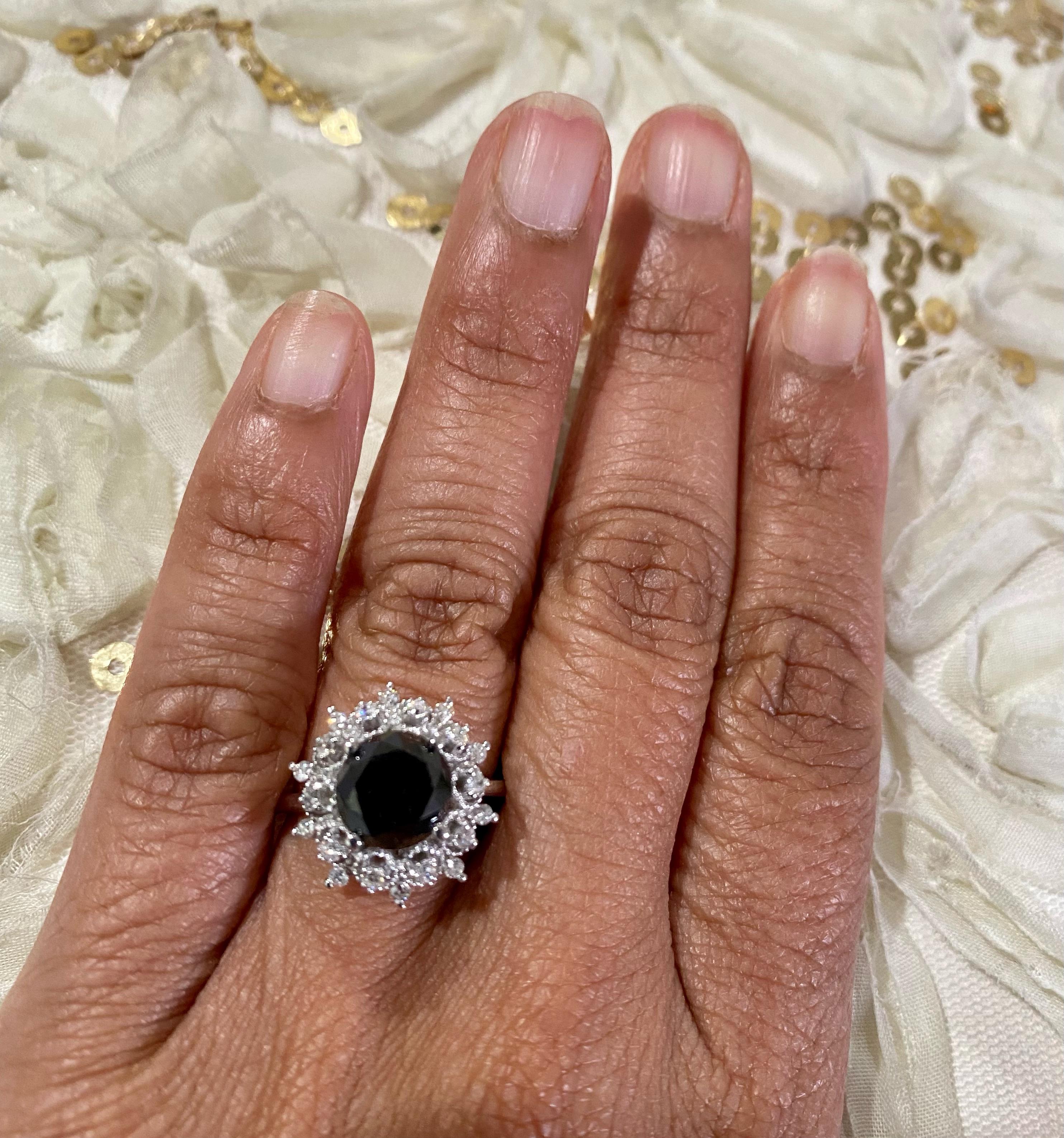 3.06 Carat Round Cut Black Diamond White Gold Cocktail Ring For Sale 2