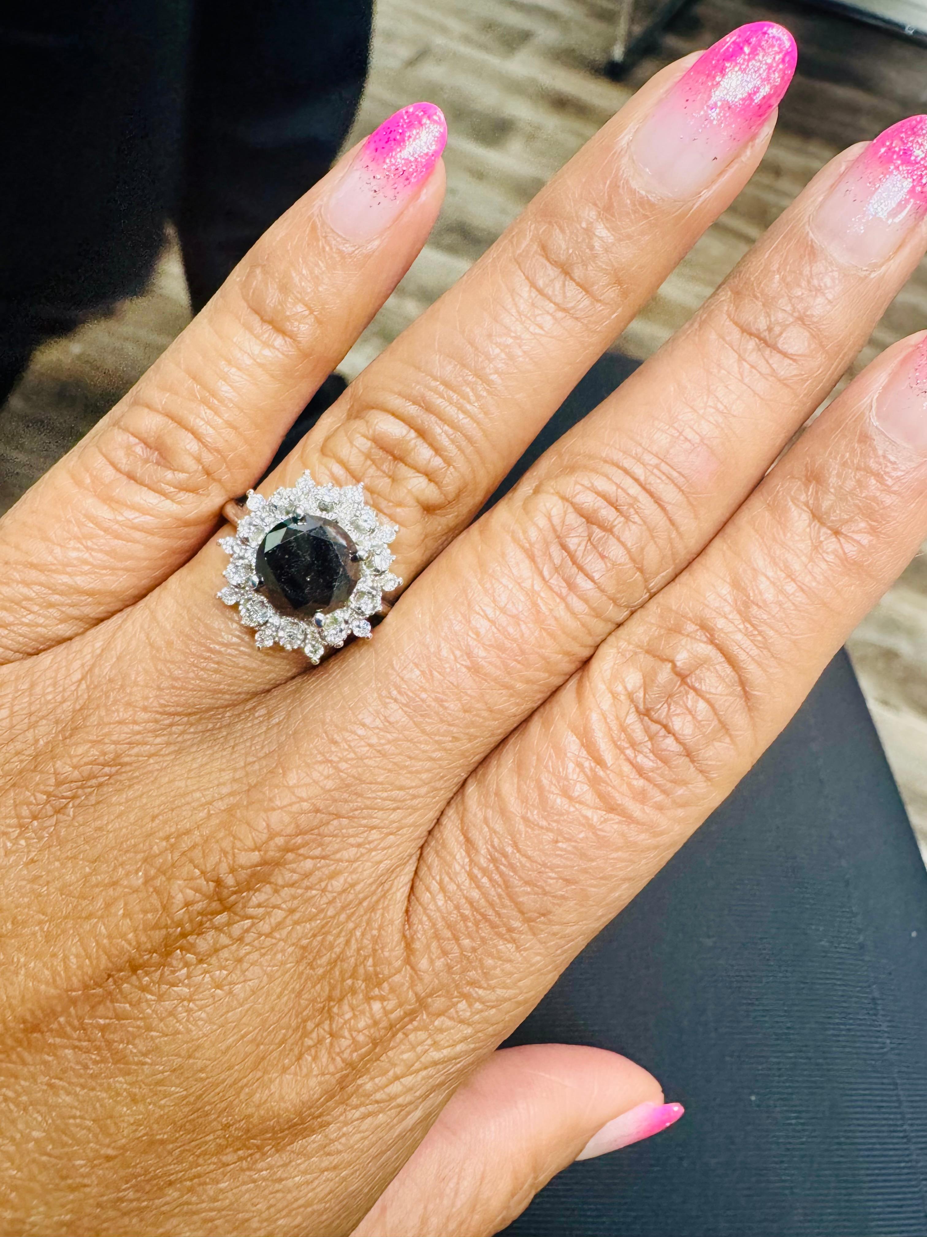 3.06 Carat Round Cut Black Diamond White Gold Cocktail Ring For Sale 3
