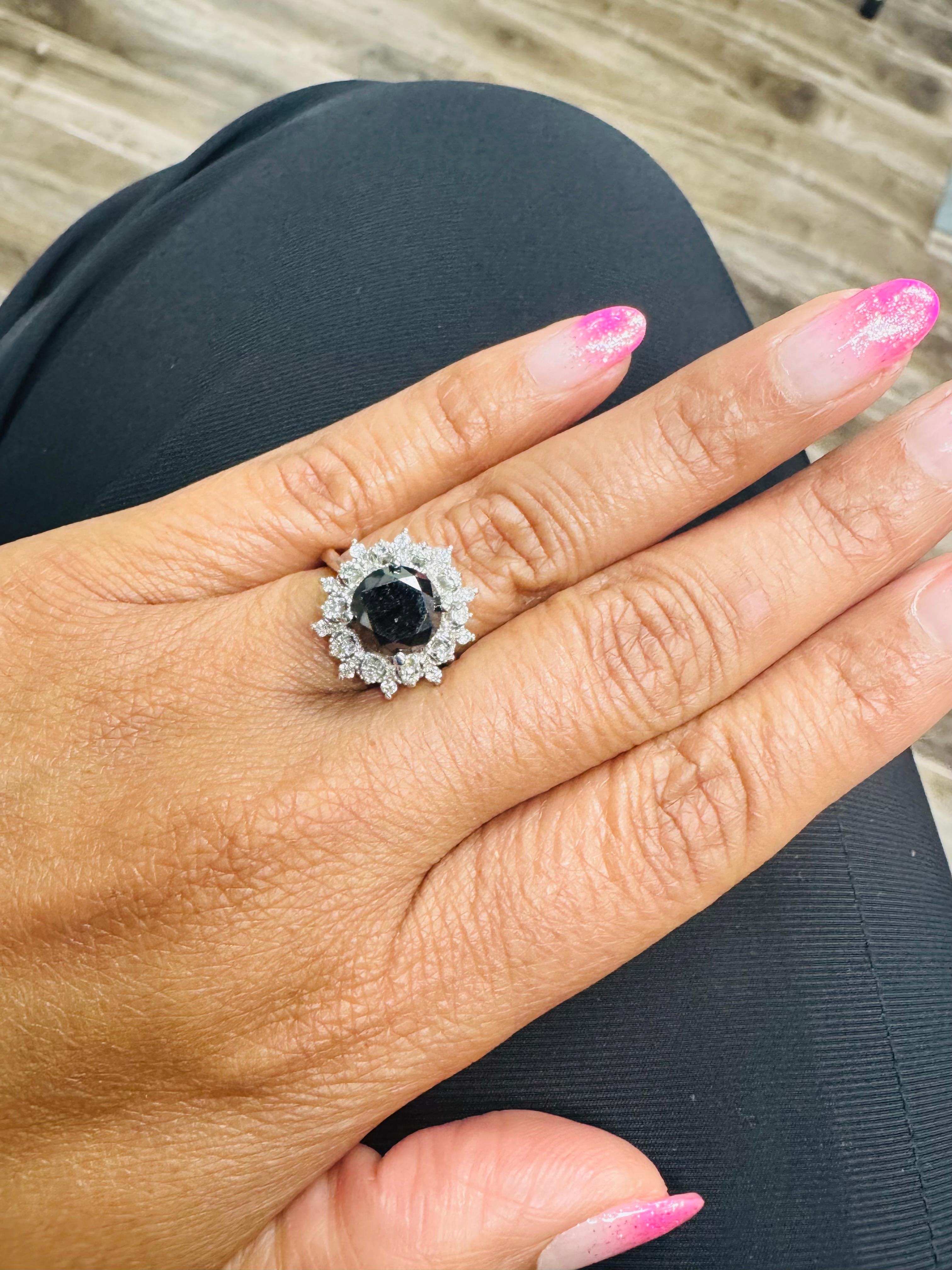 3.06 Carat Round Cut Black Diamond White Gold Cocktail Ring For Sale 4