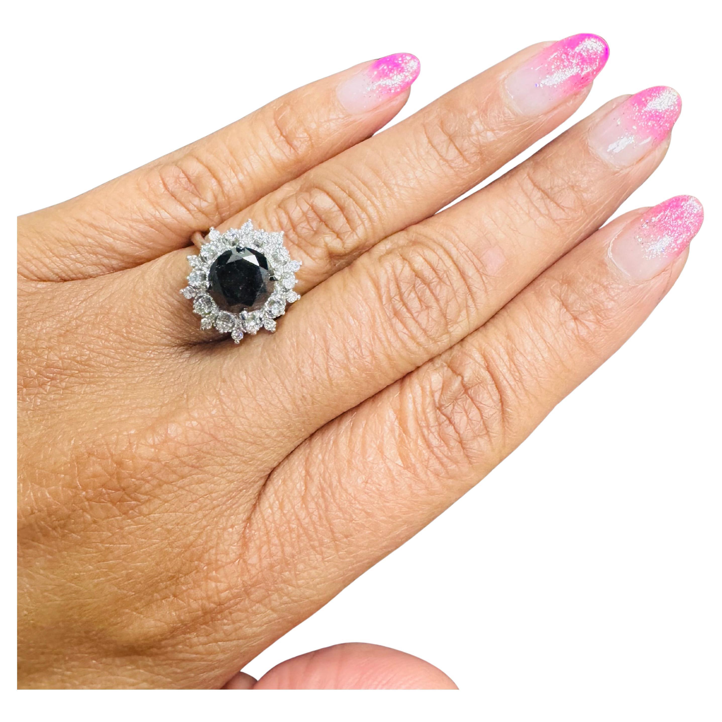 3.06 Carat Round Cut Black Diamond White Gold Cocktail Ring For Sale