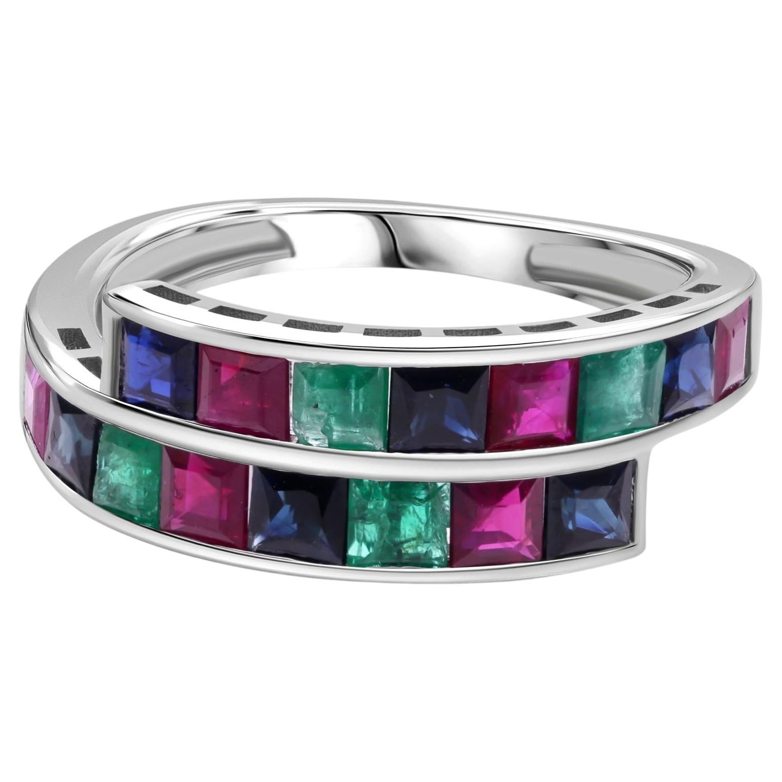 3.06 Carat Ruby Sapphire Emerald Gemstone Wrap Ring 14 Karat White Gold