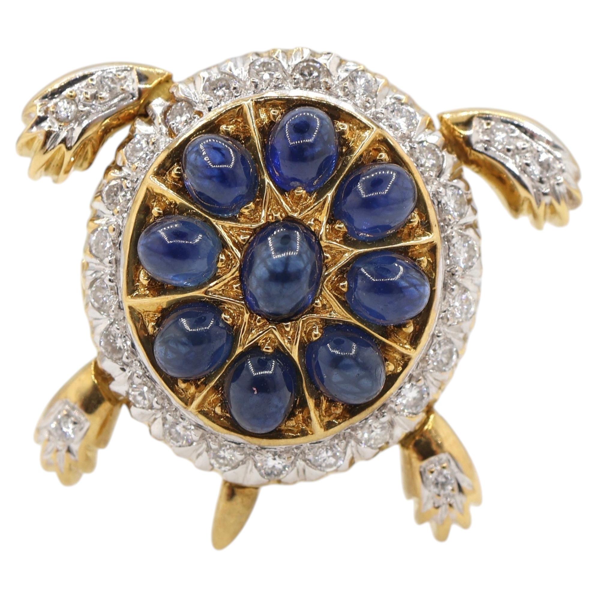 Spilla a tartaruga con diamante e zaffiro blu da 3,06 carati in oro giallo 18 carati Stile Estate