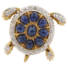 3.06 Carat Blue Sapphire Diamond Turtle Brooch Pin 18K Yellow Gold Estate Style