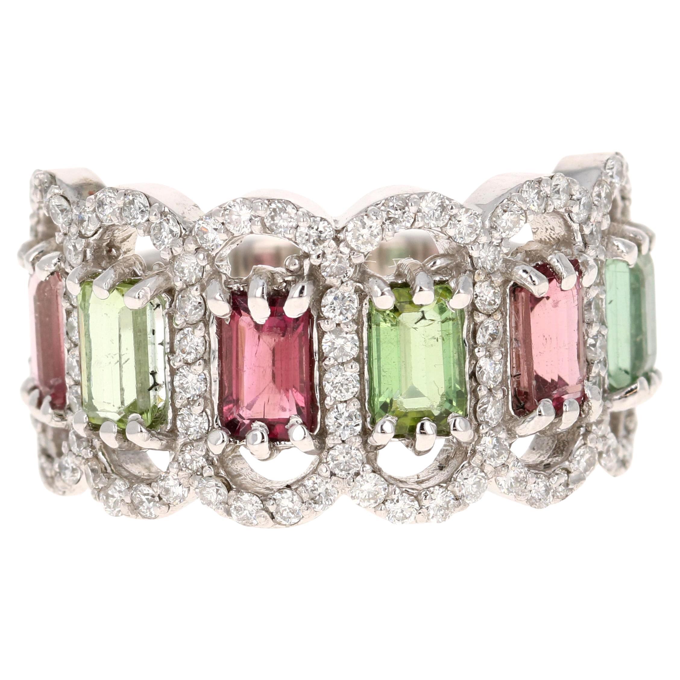 Anillo de cóctel de oro blanco con diamantes turmalina de 3,06 quilates