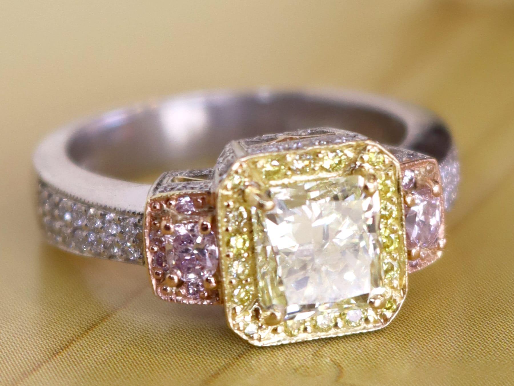 Radiant Cut 3.06 Carat Yellow and Pink Diamond Engagement Ring in Platinum