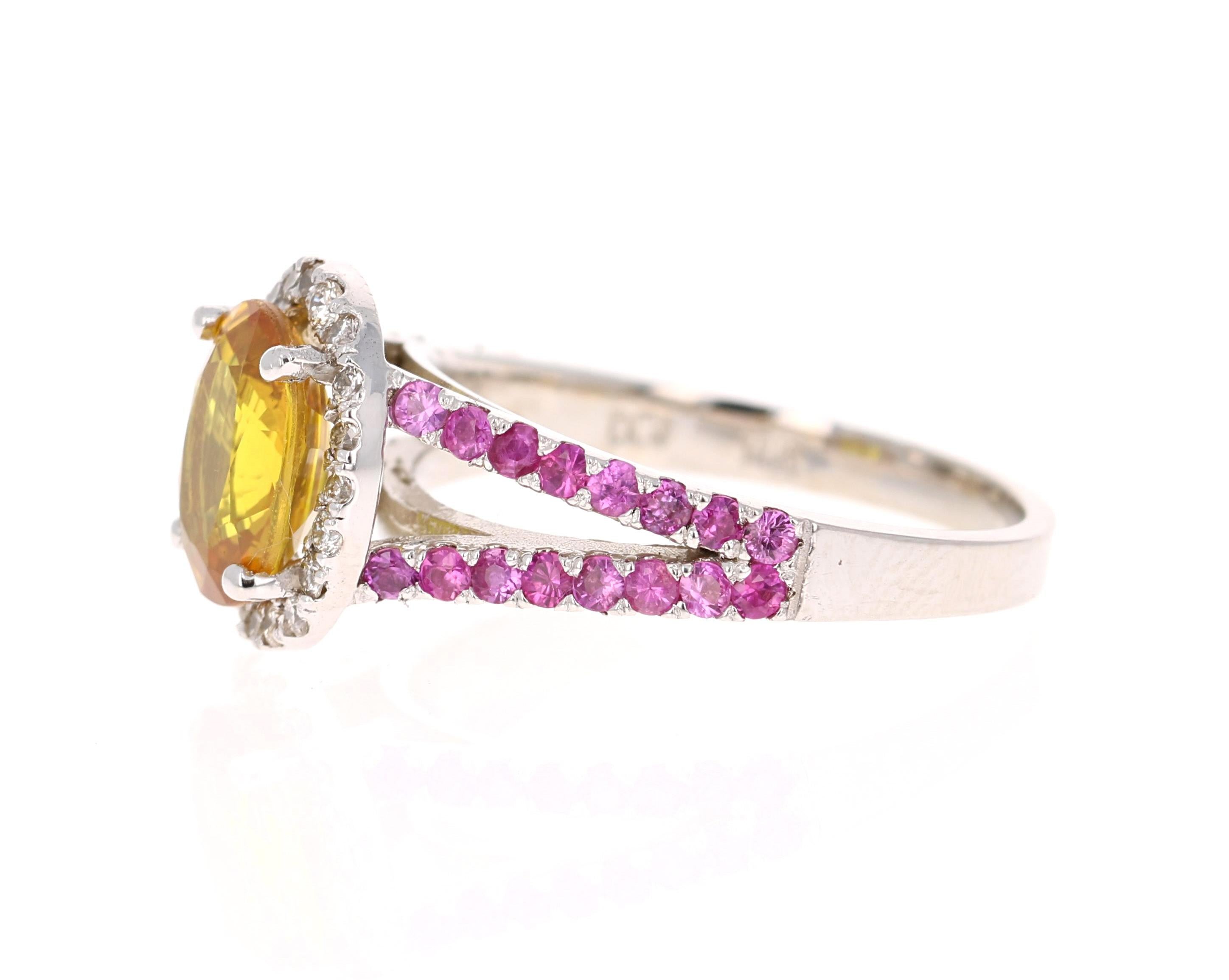 Modern 3.06 Carat Yellow Sapphire Pink Sapphire Diamond 14 Karat White Gold Ring