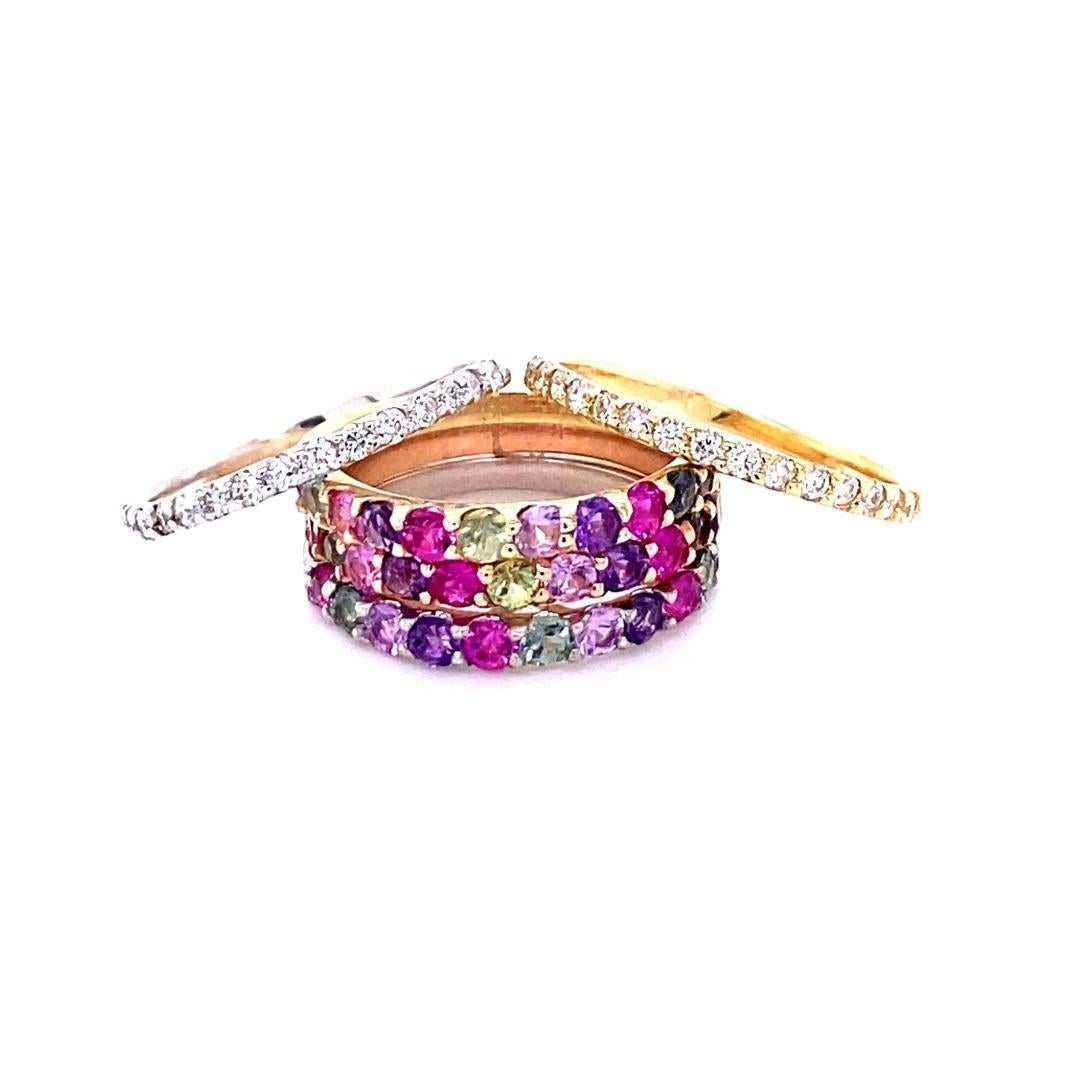 Contemporary 3.06 Carat Multi-Color Sapphire and Diamond 14K Gold Stackable Bands