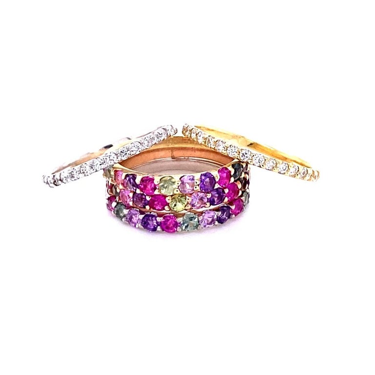 Contemporary 3.06 Carat Multi-Color Sapphire and Diamond 14K Gold Stackable Bands For Sale