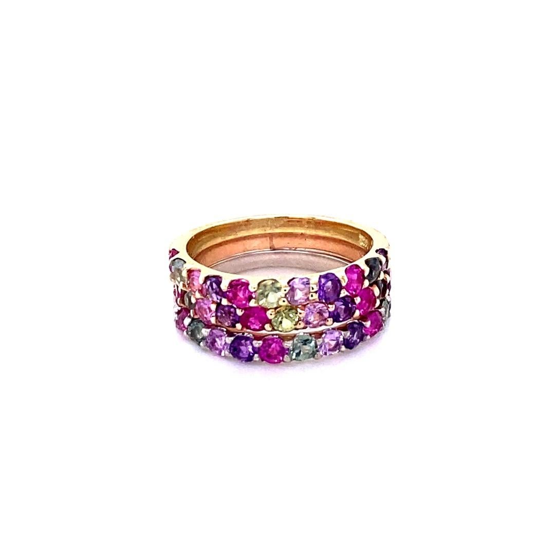 Round Cut 3.06 Carat Multi-Color Sapphire and Diamond 14K Gold Stackable Bands