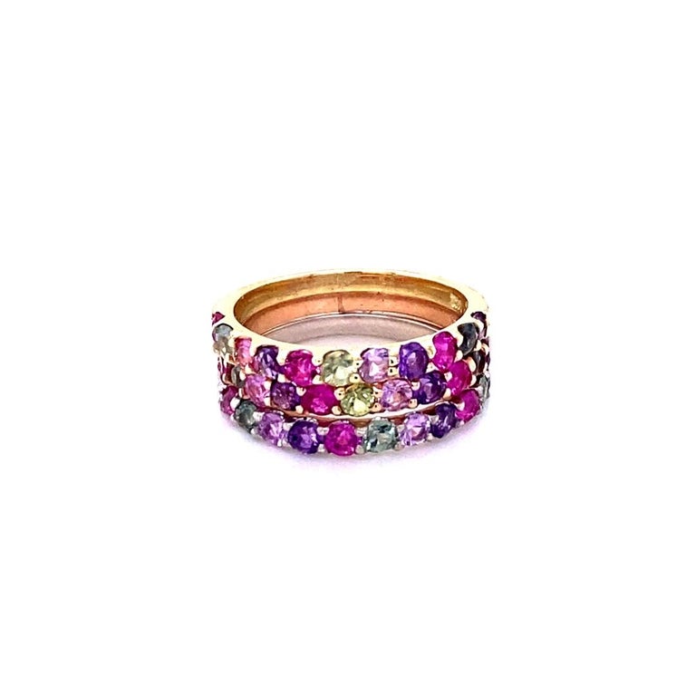 Round Cut 3.06 Carat Multi-Color Sapphire and Diamond 14K Gold Stackable Bands For Sale