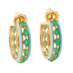 3.06 Carats Emerald Turquoise Enamel 14 Karat Gold Hoop Earrings