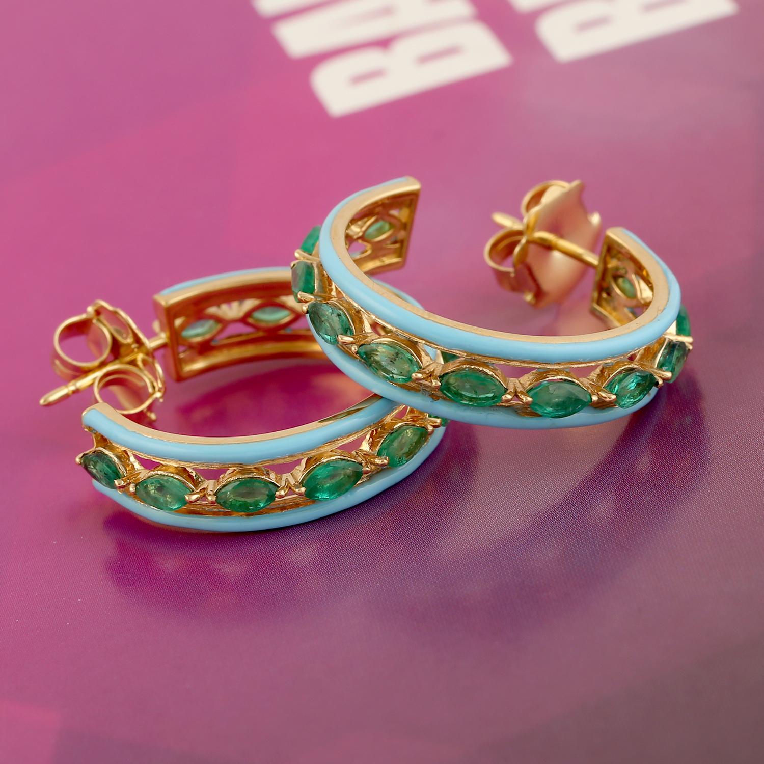 Contemporary 3.06 Carats Emerald Turquoise Enamel 14 Karat Gold Hoop Earrings For Sale