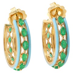 3.06 Carats Emerald Turquoise Enamel 14 Karat Gold Hoop Earrings
