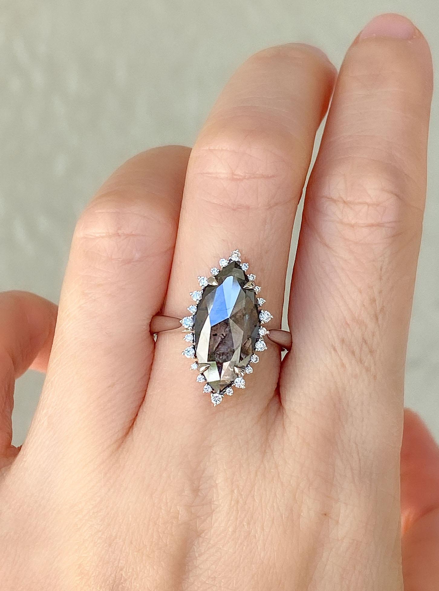 Marquise Cut 3.06 Salt and Pepper Marquise Diamond Halo Ring 14 Karat White Gold AD2269
