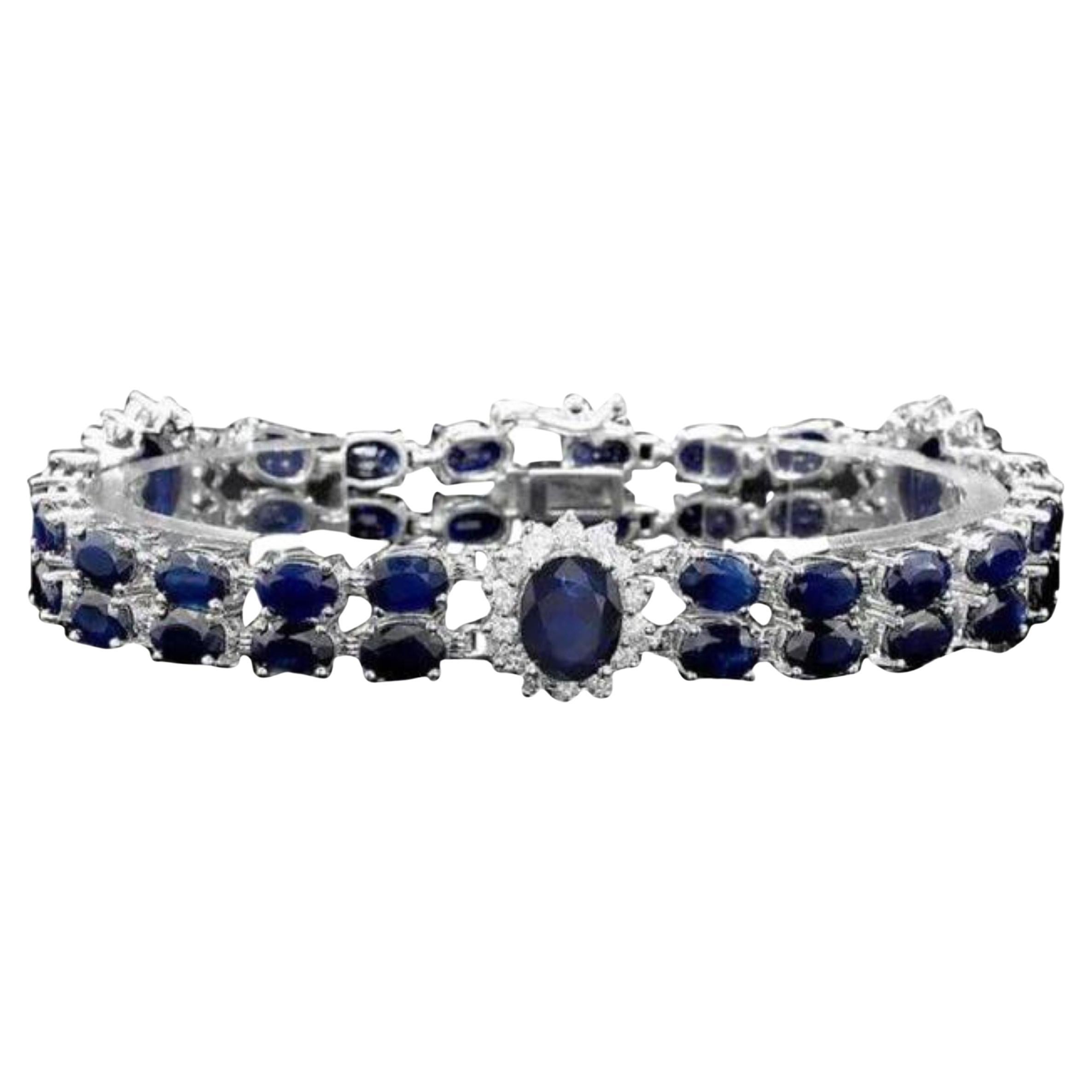 30.60 Natural Blue Sapphire and Diamond 14K Solid White Gold Bracelet For Sale