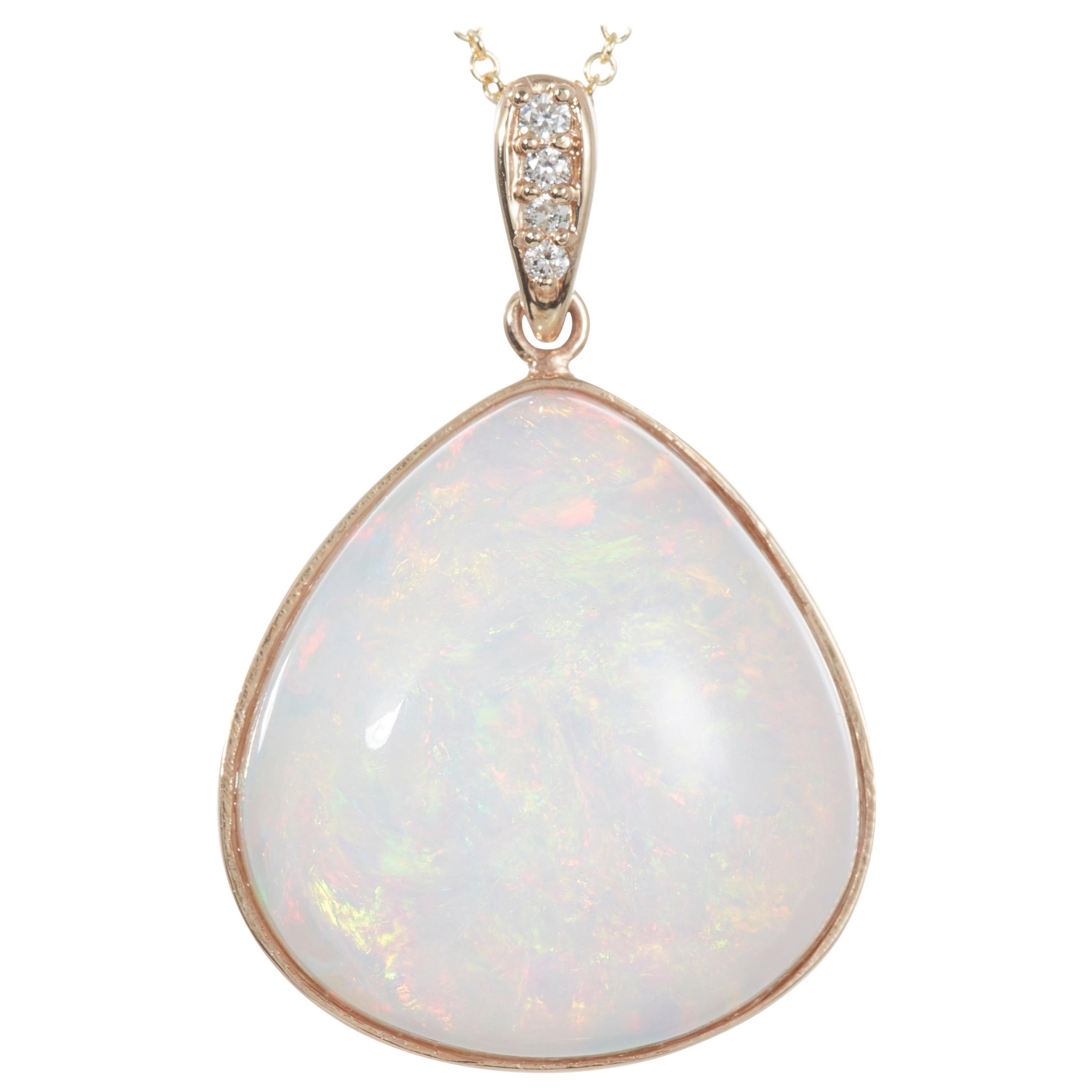 30.62 Carat Pear Shaped Opal White Diamond Drop Pendant 14 Karat Yellow Gold