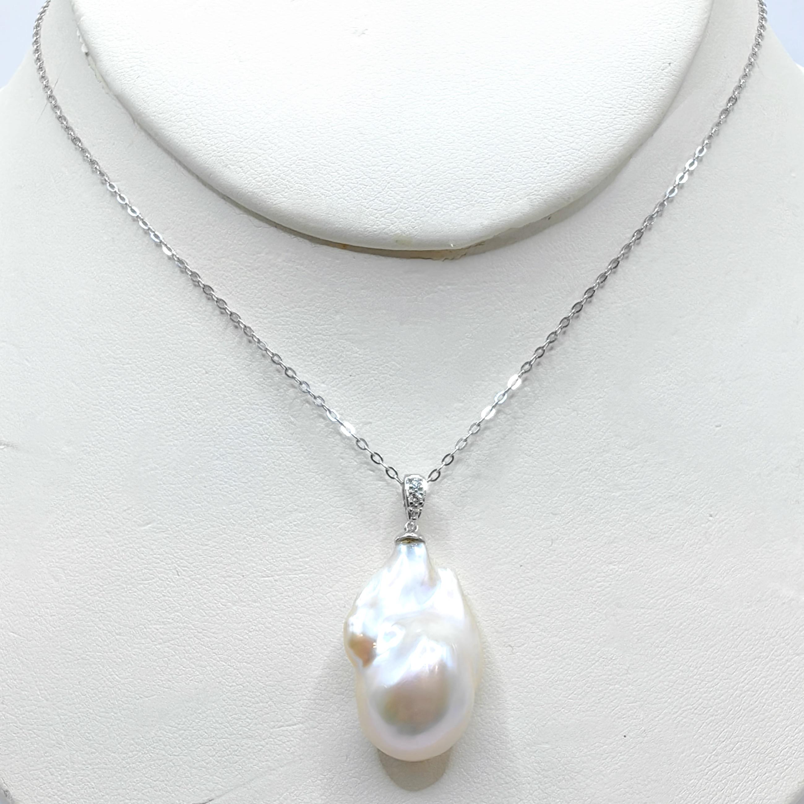 Women's 30.67ct Iridescent Large Baroque Pearl Diamond Necklace Pendant 18K White Gold For Sale