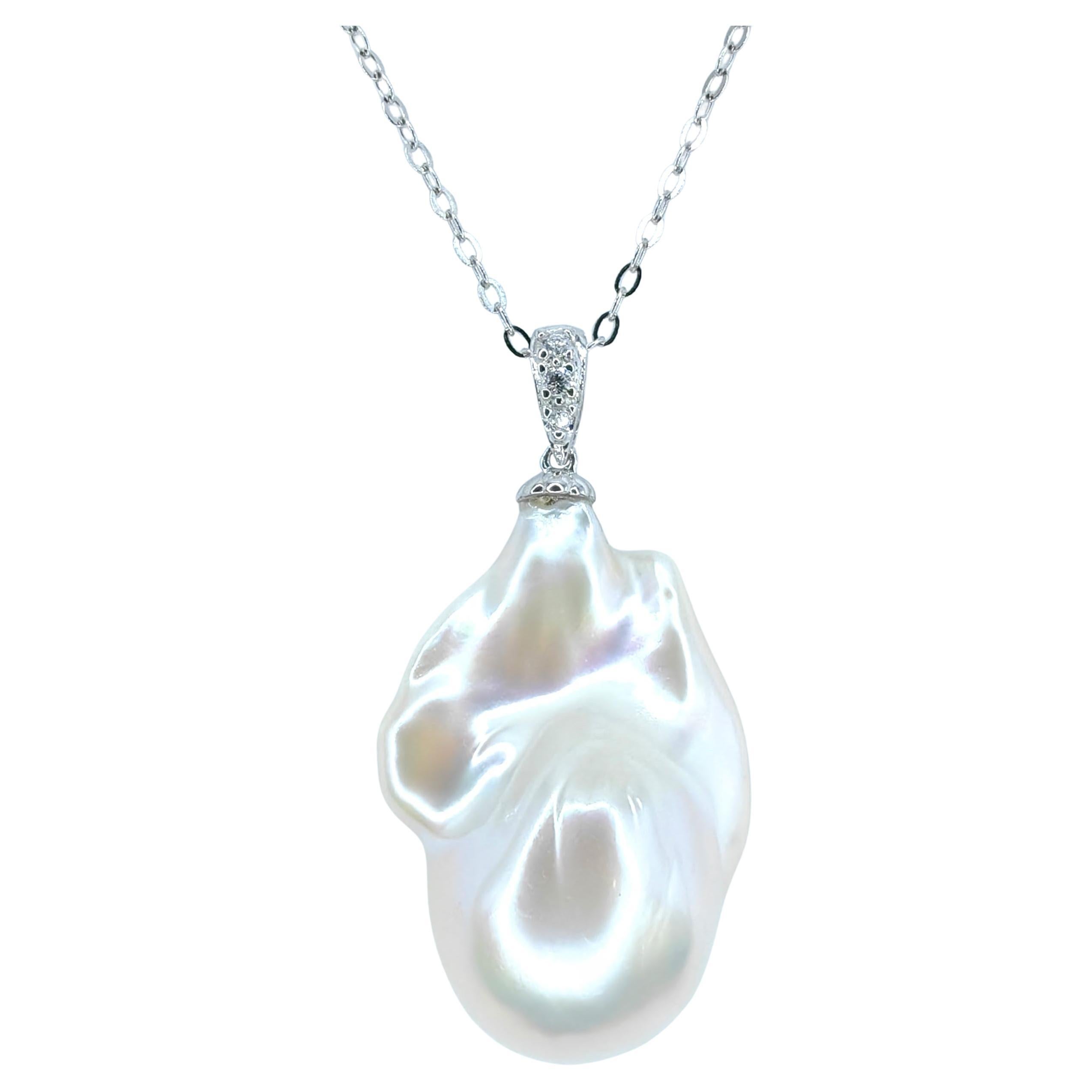 30.67ct Iridescent Large Baroque Pearl Diamond Necklace Pendant 18K White Gold For Sale