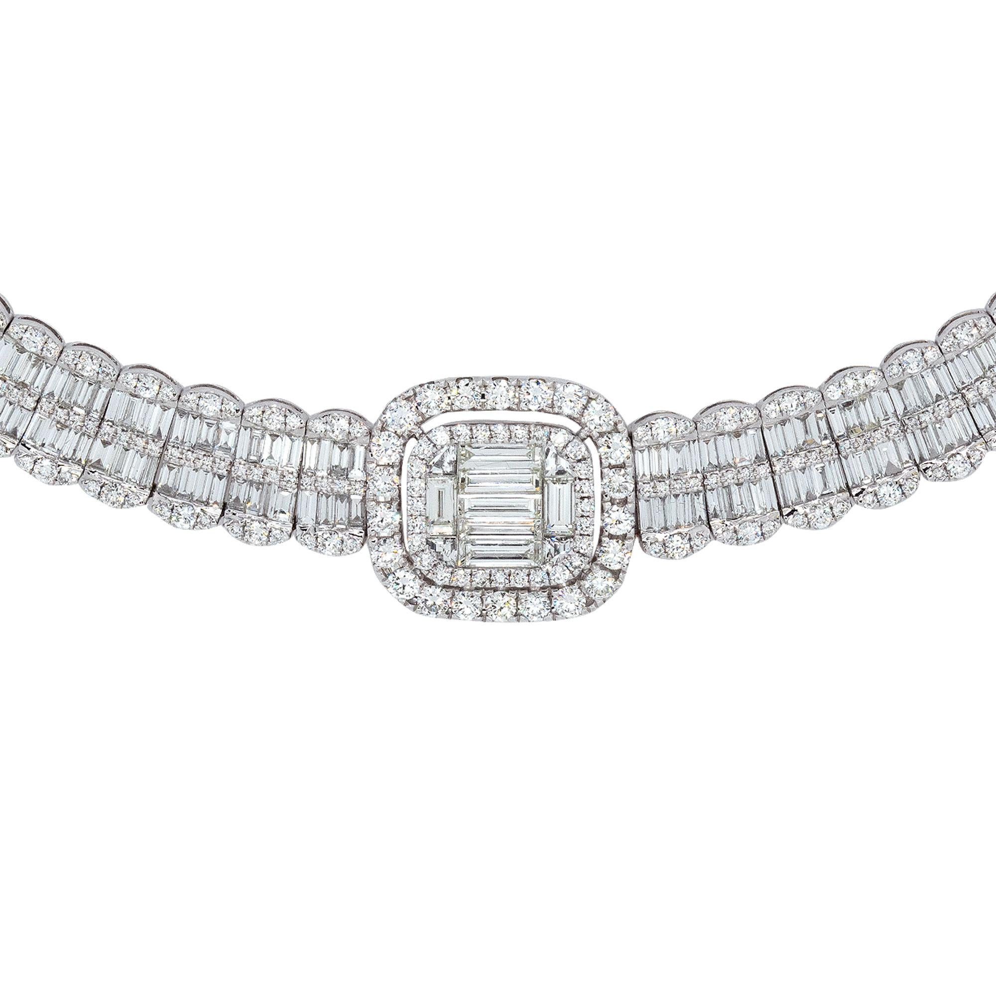 Mixed Cut 18k White Gold 30.68ctw Round & Baguette Illusion Set Diamond Necklace For Sale