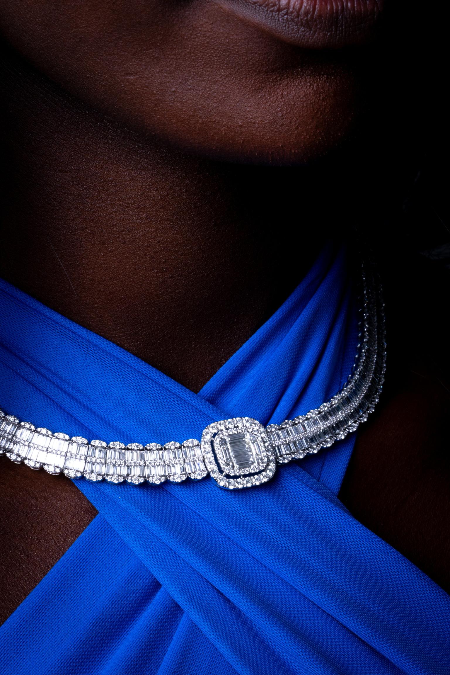 18k White Gold 30.68ctw Round & Baguette Illusion Set Diamond Necklace For Sale 3