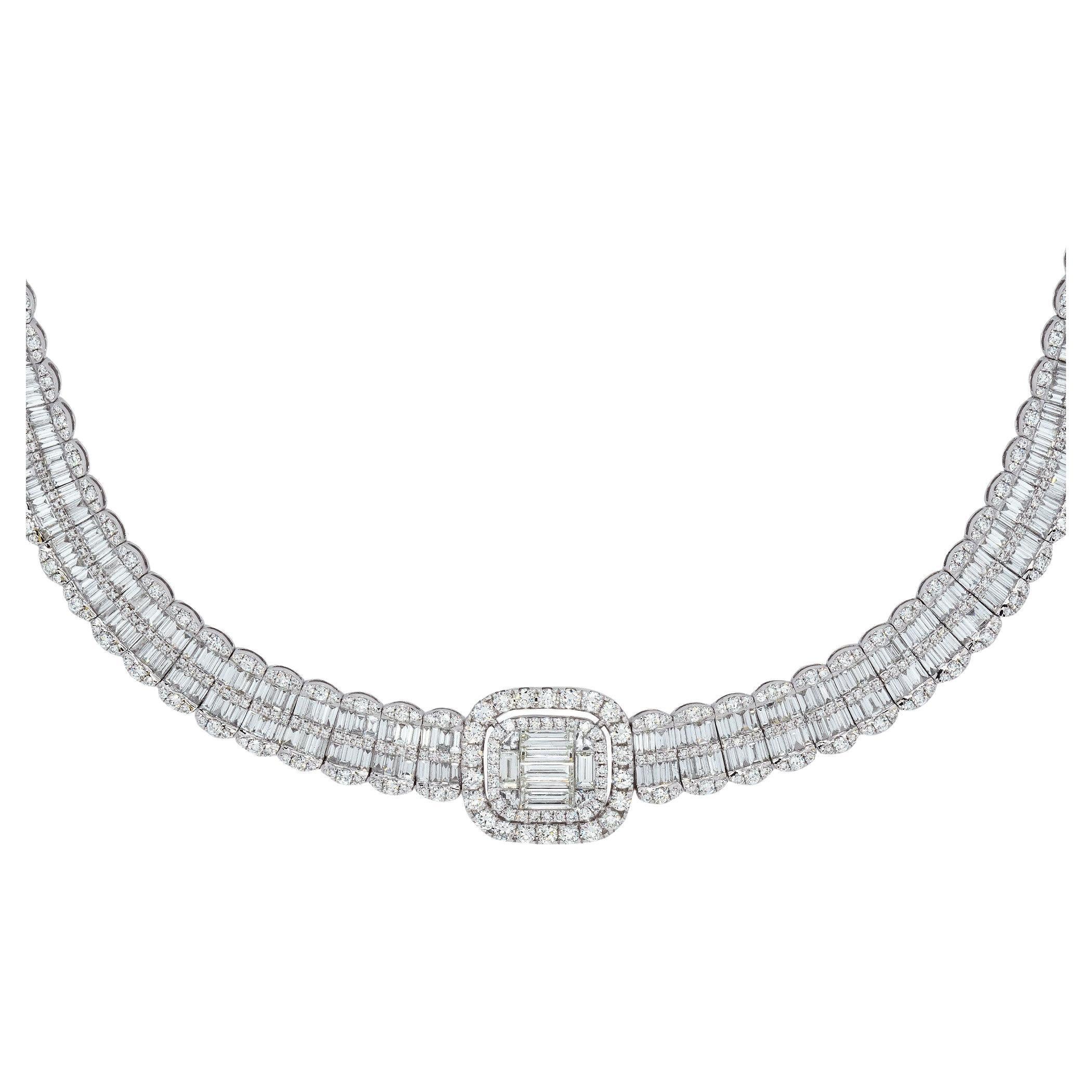 18k White Gold 30.68ctw Round & Baguette Illusion Set Diamond Necklace For Sale