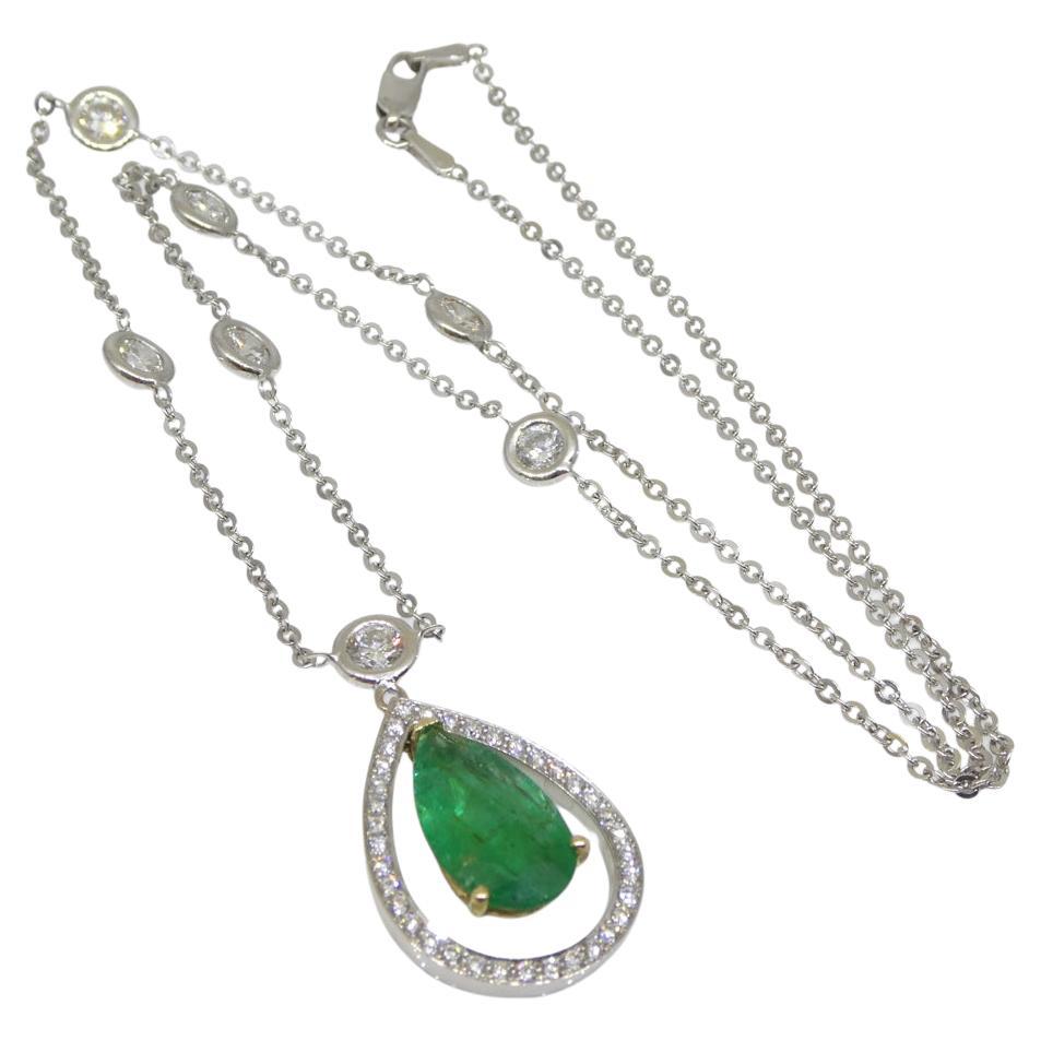 3.50Ct Emerald & Diamond Pendant Necklace With 18 Chain In 14K