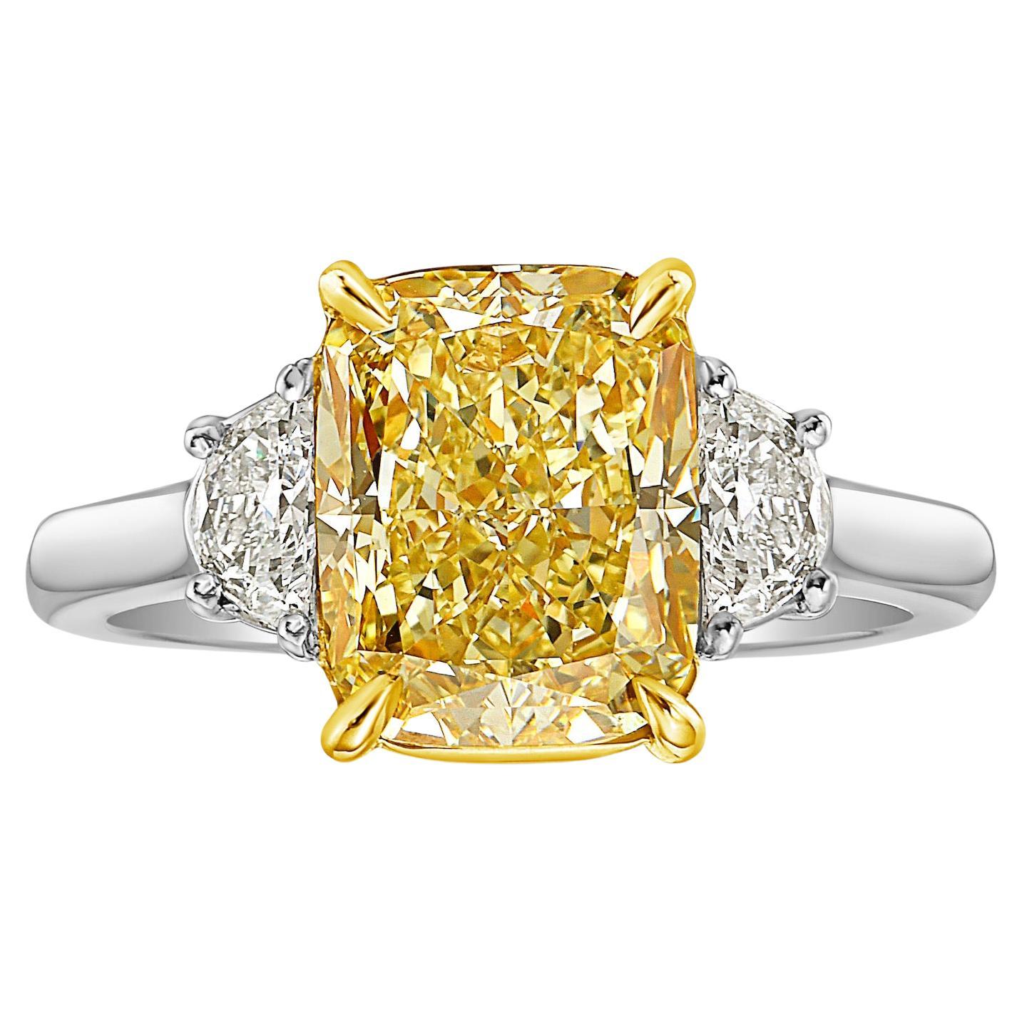 3.06ct GIA Fancy Yellow Elongated Cushion Diamond Ring For Sale