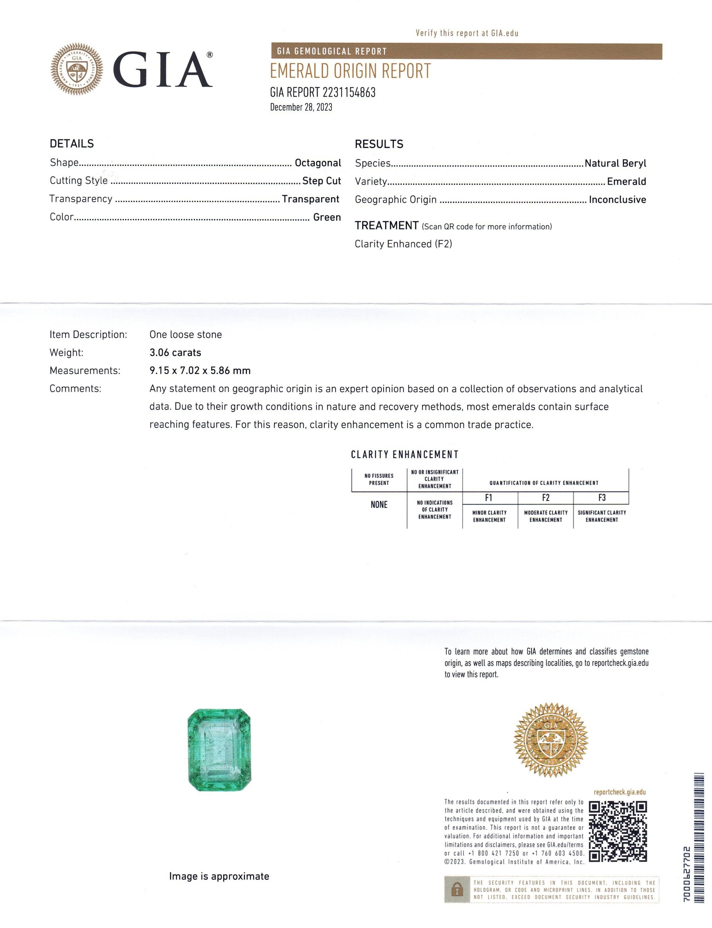 Women's or Men's 3.06ct Octagonal/Emerald Cut Green Emerald GIA Certified (F2)  For Sale