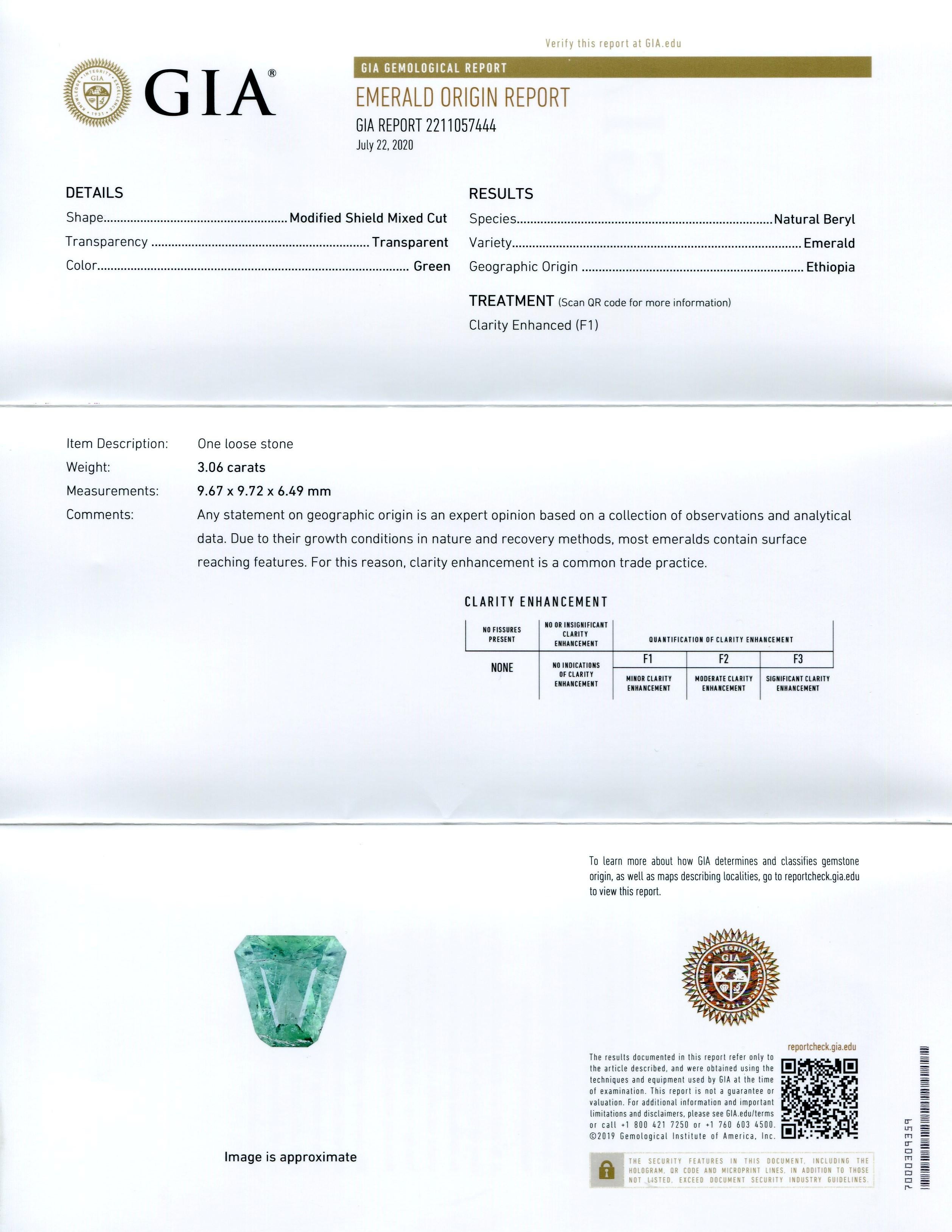 This is a stunning GIA Certified Emerald

 

The GIA report reads as follows:

 

GIA Report Number: 2211057444
Shape: Modified Shield Mixed Cut
Cutting Style:
Cutting Style: Crown:
Cutting Style: Pavilion:
Transparency: Transparent
Color: Green

