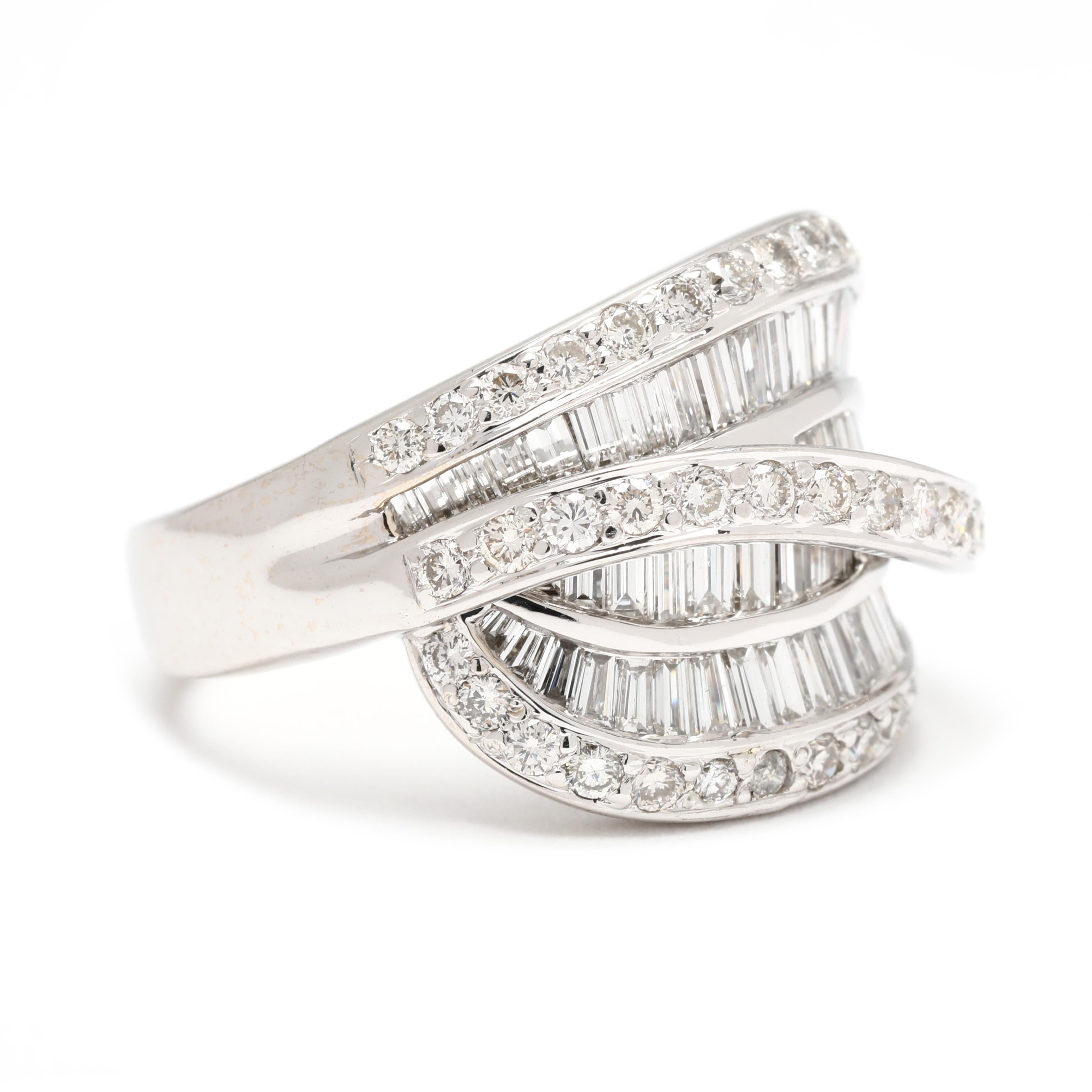 Stones:
diamond
round brilliant cut, 49 stones
1.75 mm
1 ctw
tapered baguette
2.06 ctw
FG/ VS2-SI2
a few w/ minute chips

Ring Size 8

Length: 16.6 mm

Weight: 7.7 dwts. / 12 grams

Stamps: 