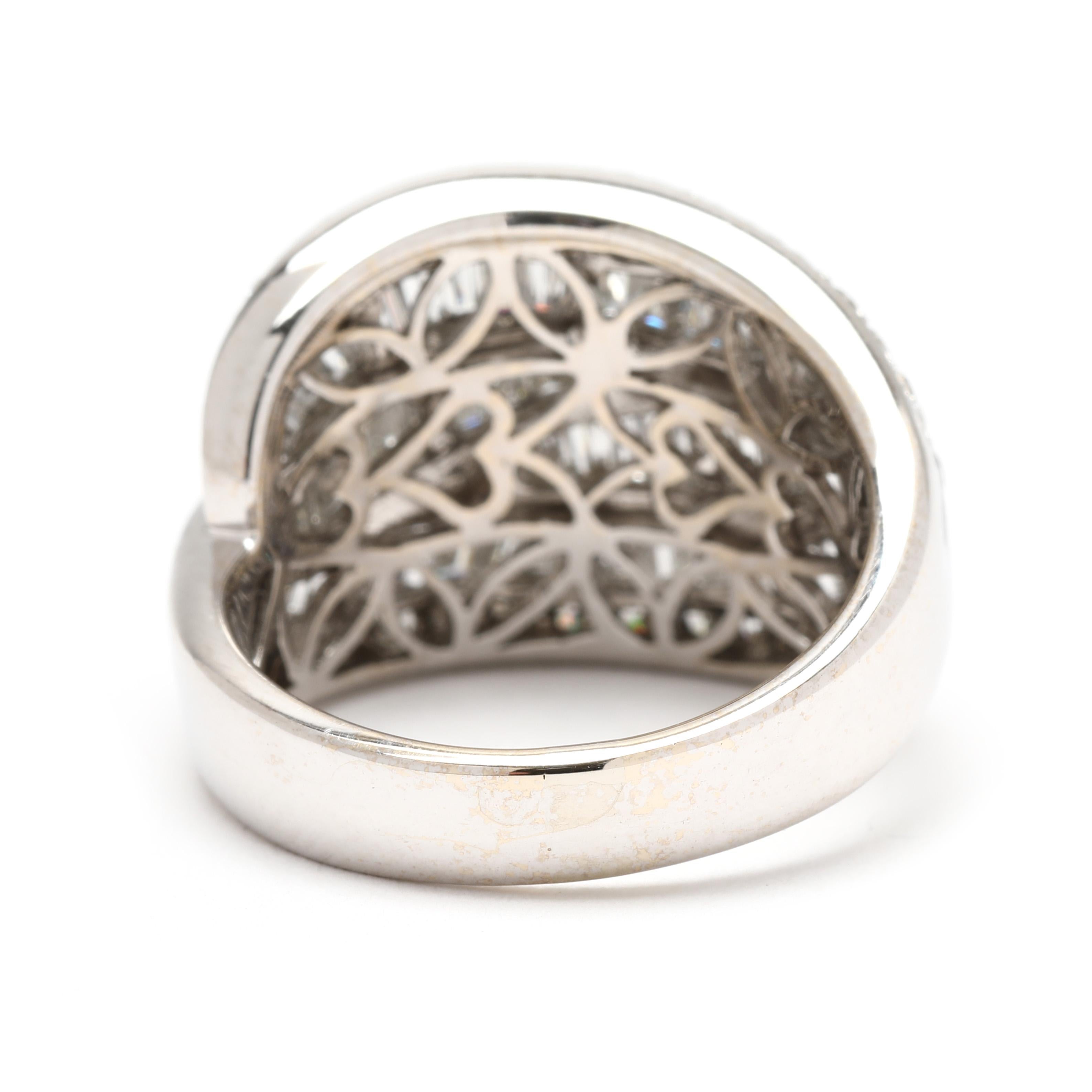Tapered Baguette 3.06ctw Diamond Twisted Statement Ring, 18k White Gold, Ring Size 8 For Sale