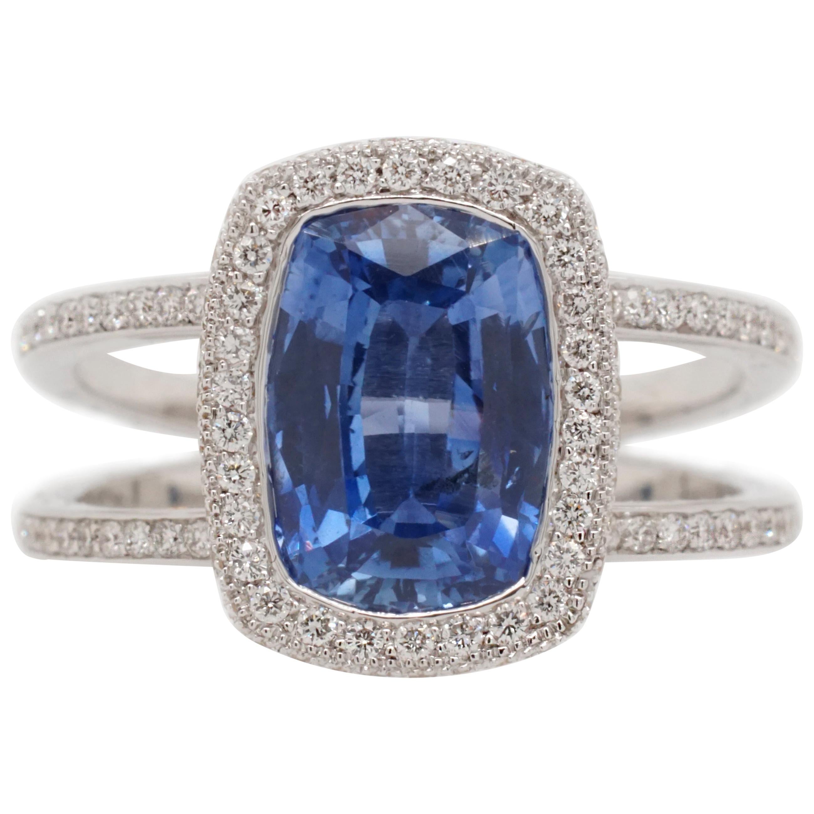 3.07 Carat Blue Ceylon Sapphire and Diamond Ring For Sale