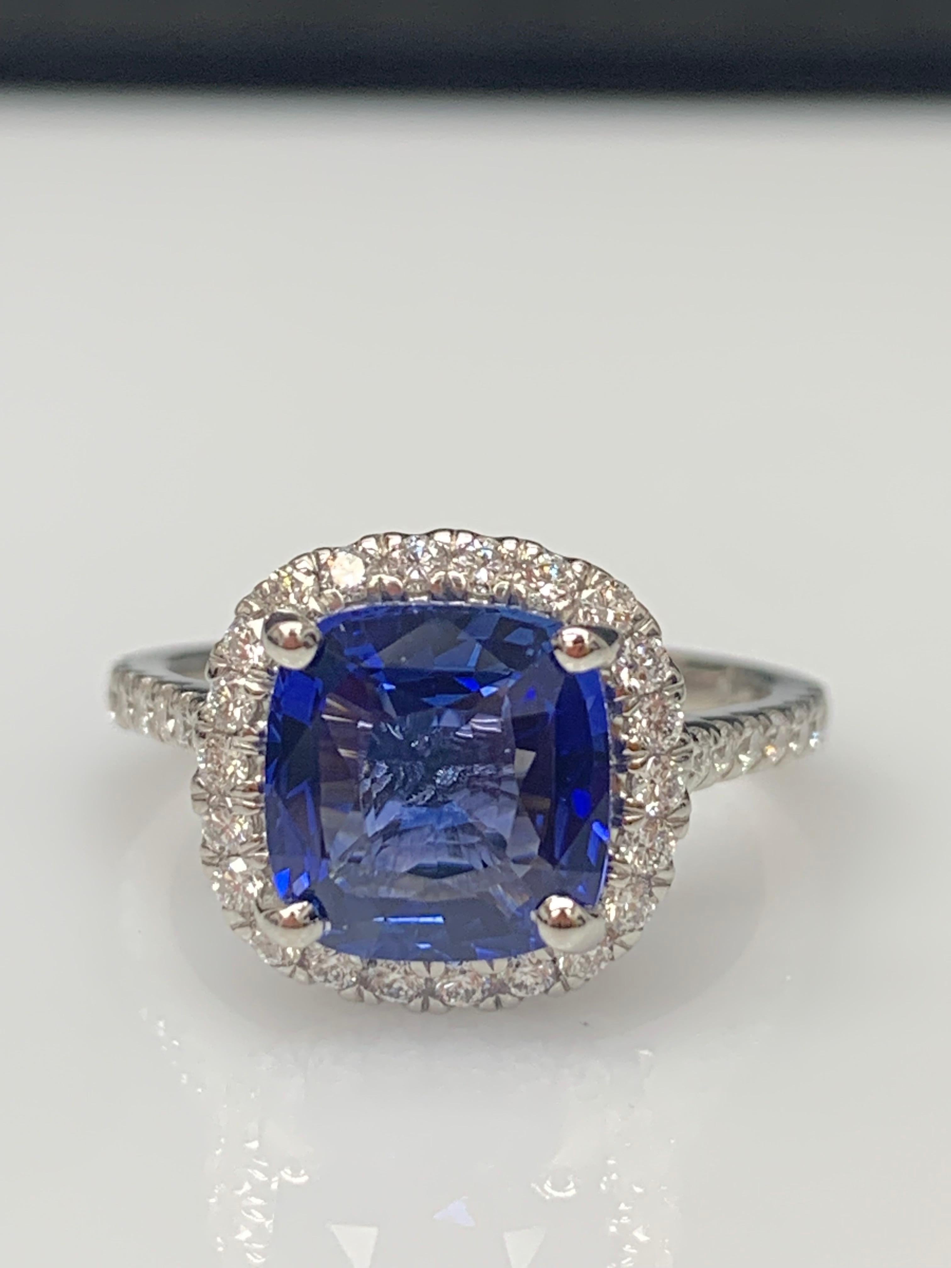 3.07 Carat Cushion Cut Sapphire and Diamond Halo Ring in Platinum For Sale 9