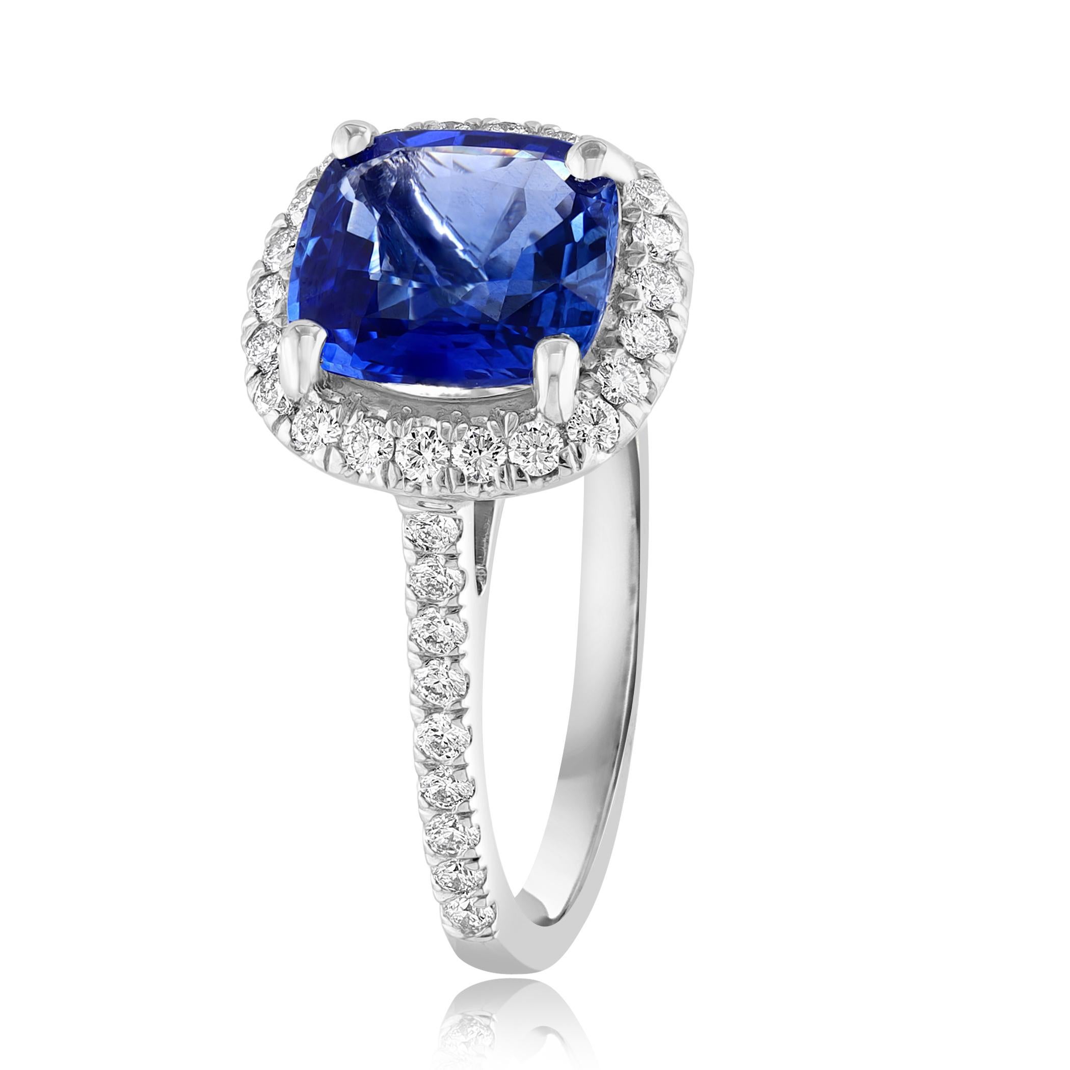 Oval Cut 3.07 Carat Cushion Cut Sapphire and Diamond Halo Ring in Platinum For Sale