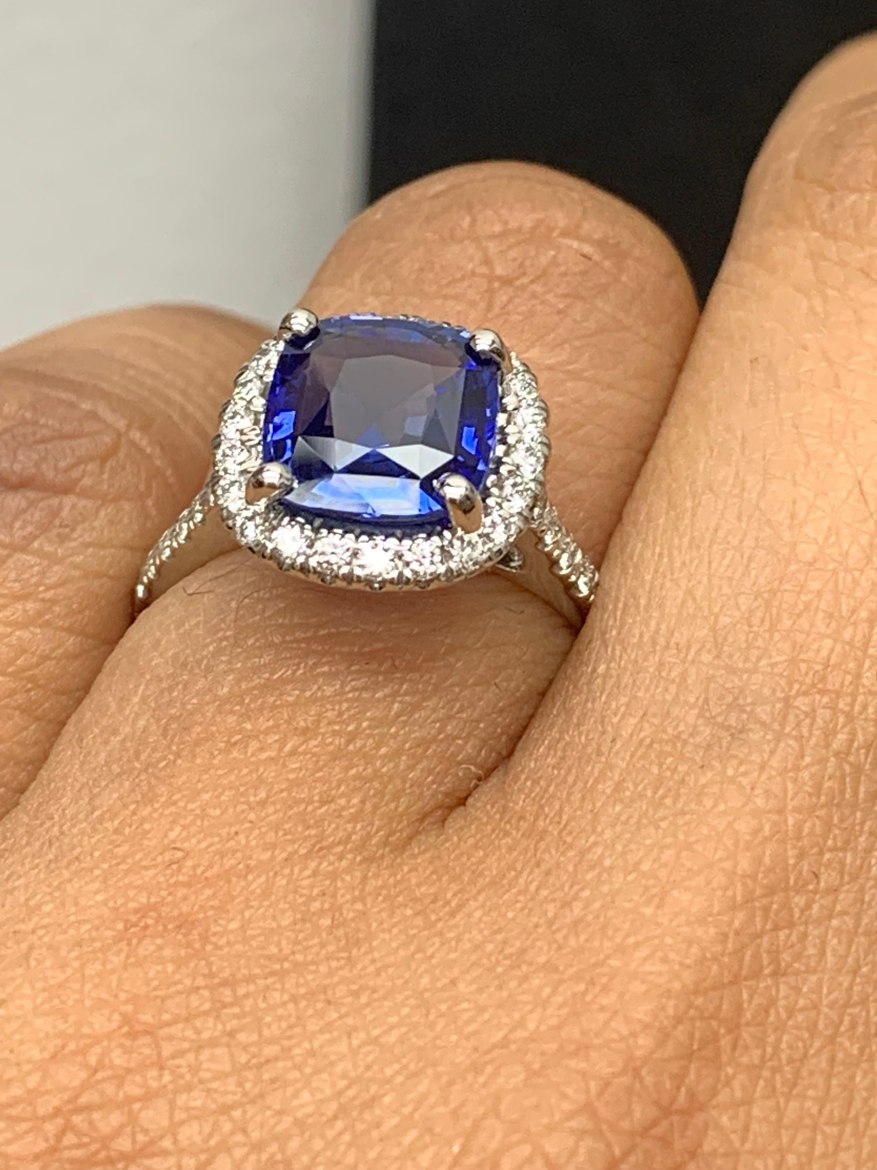 Women's 3.07 Carat Cushion Cut Sapphire and Diamond Halo Ring in Platinum For Sale