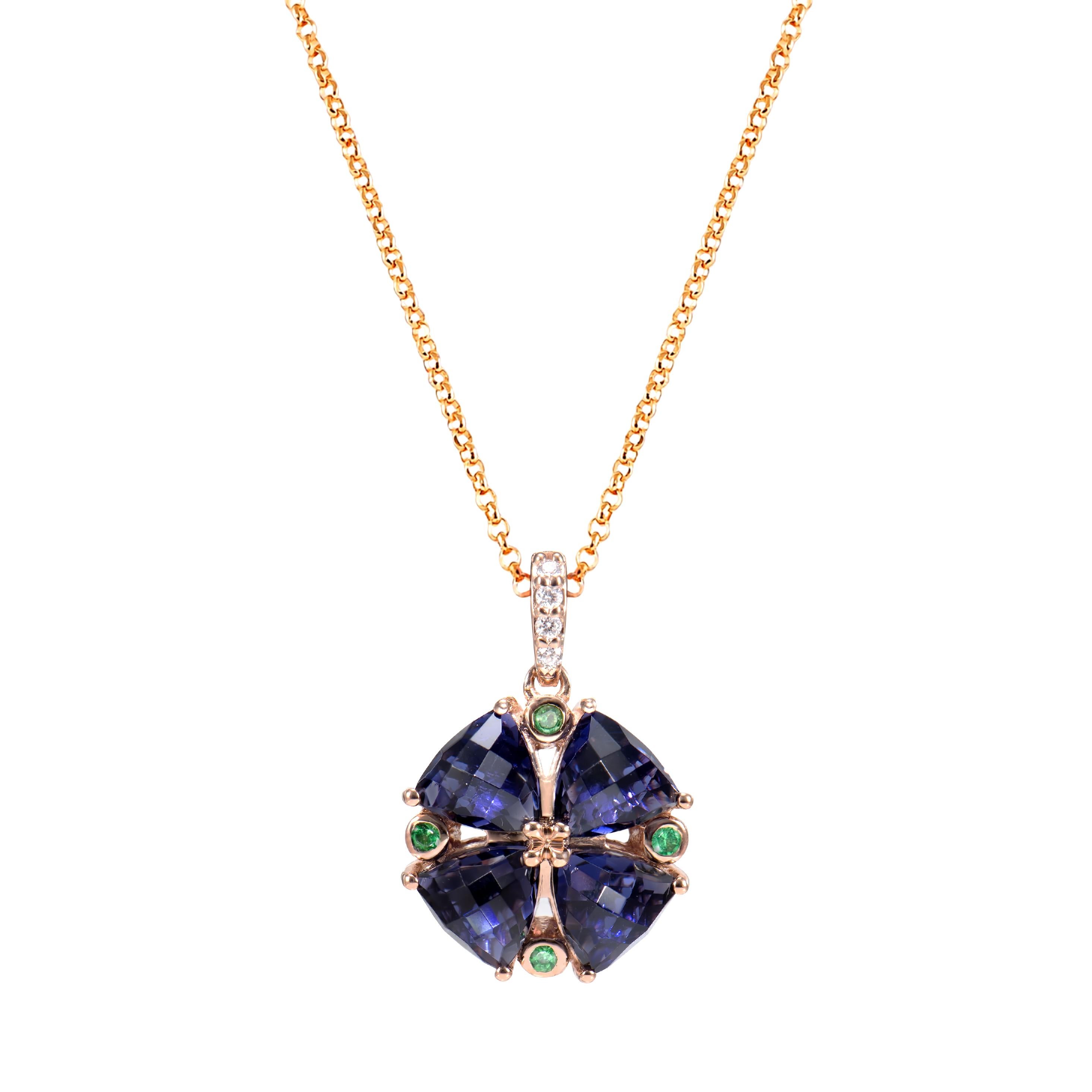 It's a fancy Iolite Pendant in a trillion shape with purple hue. The Pendant is elegant and can be worn for many occasions.

Iolite Pendant in 18Karat Rose Gold with Tsavorite and White Diamond.

Iolite: 3.07 carat, 5.50mm size, Trillion C/B