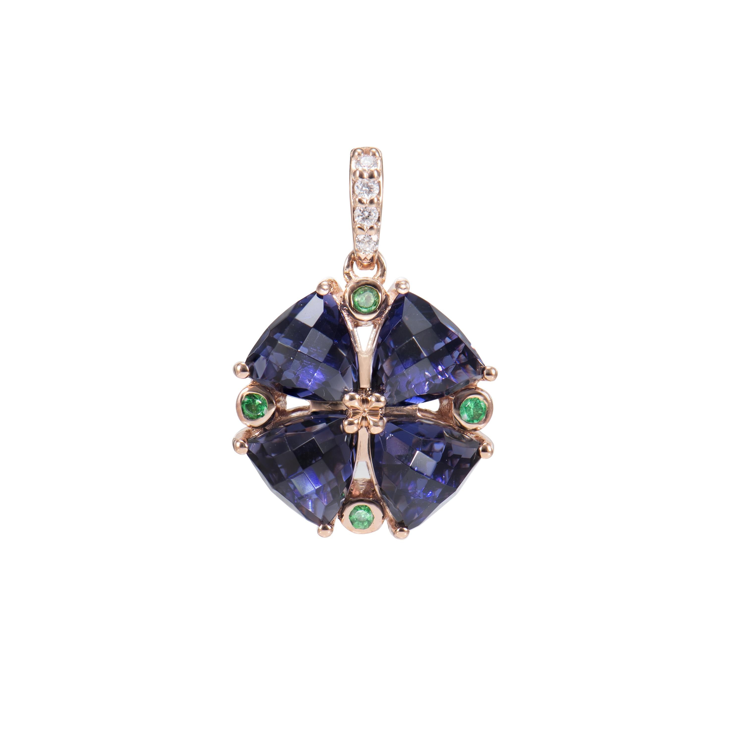 Contemporary 3.07 Carat Iolite Pendant in 18KRG with Tsavorite and White Diamond For Sale