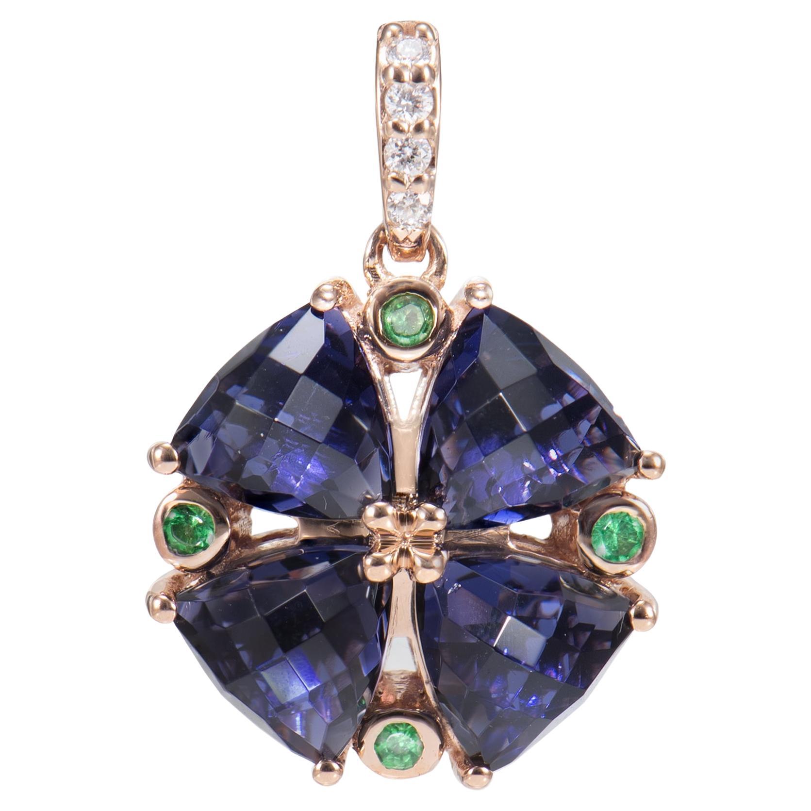 3.07 Carat Iolite Pendant in 18KRG with Tsavorite and White Diamond For Sale