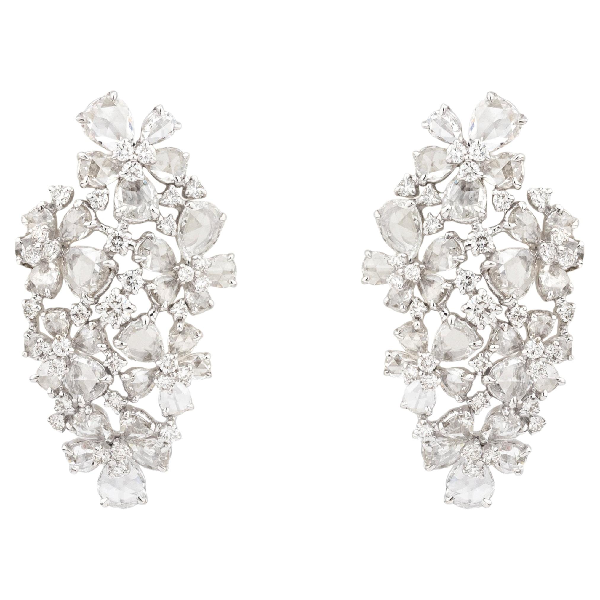 3.07 Carat Mixed Cut Diamond Abstract Cluster Stud Earrings in 18K White Gold