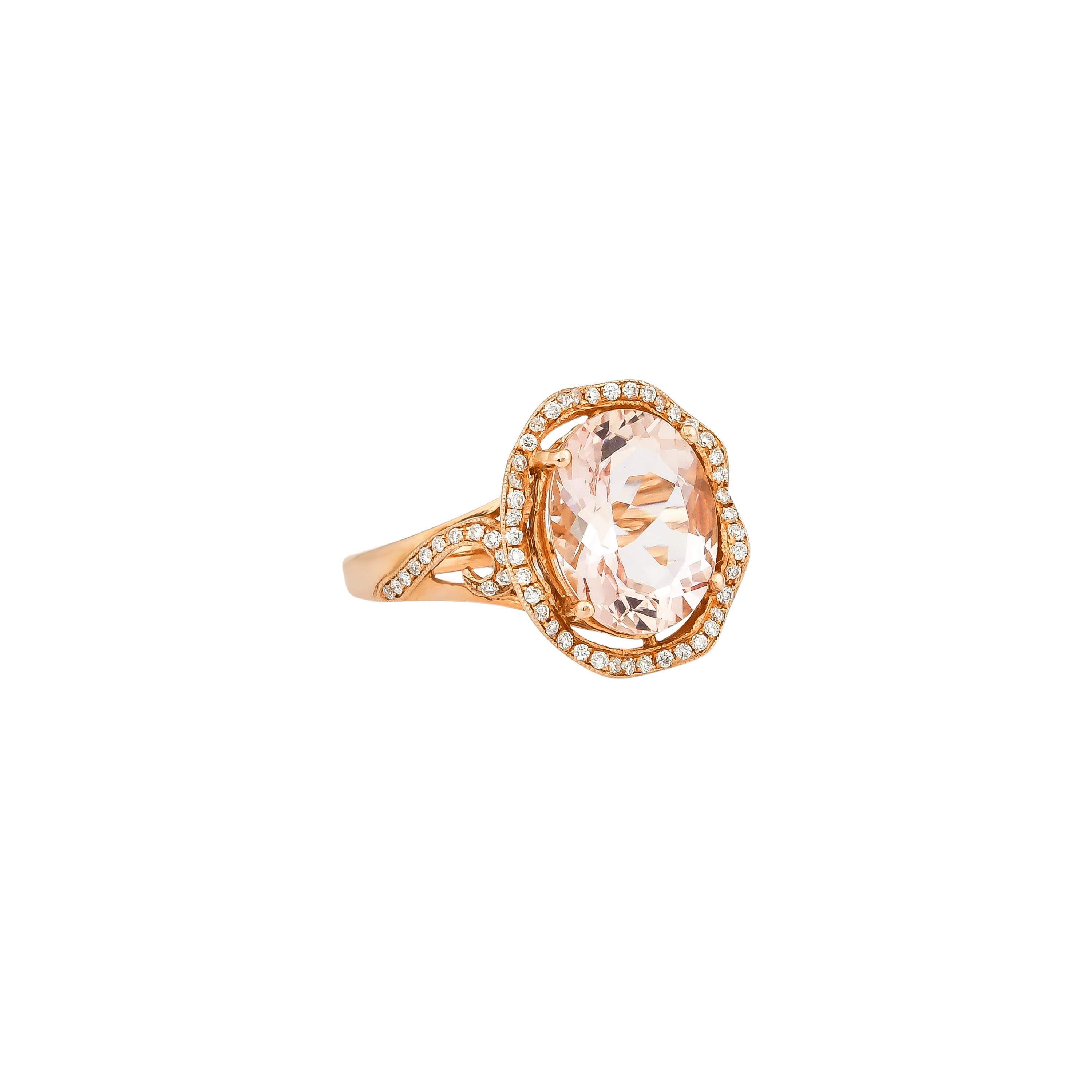 This collection features an array of magnificent morganites! Accented with Diamond these rings are made in rose gold and present a classic yet elegant look. 

Classic morganite ring in 18K Rose gold with Diamond. 

Morganite: 3.07 carat, 11X9mm