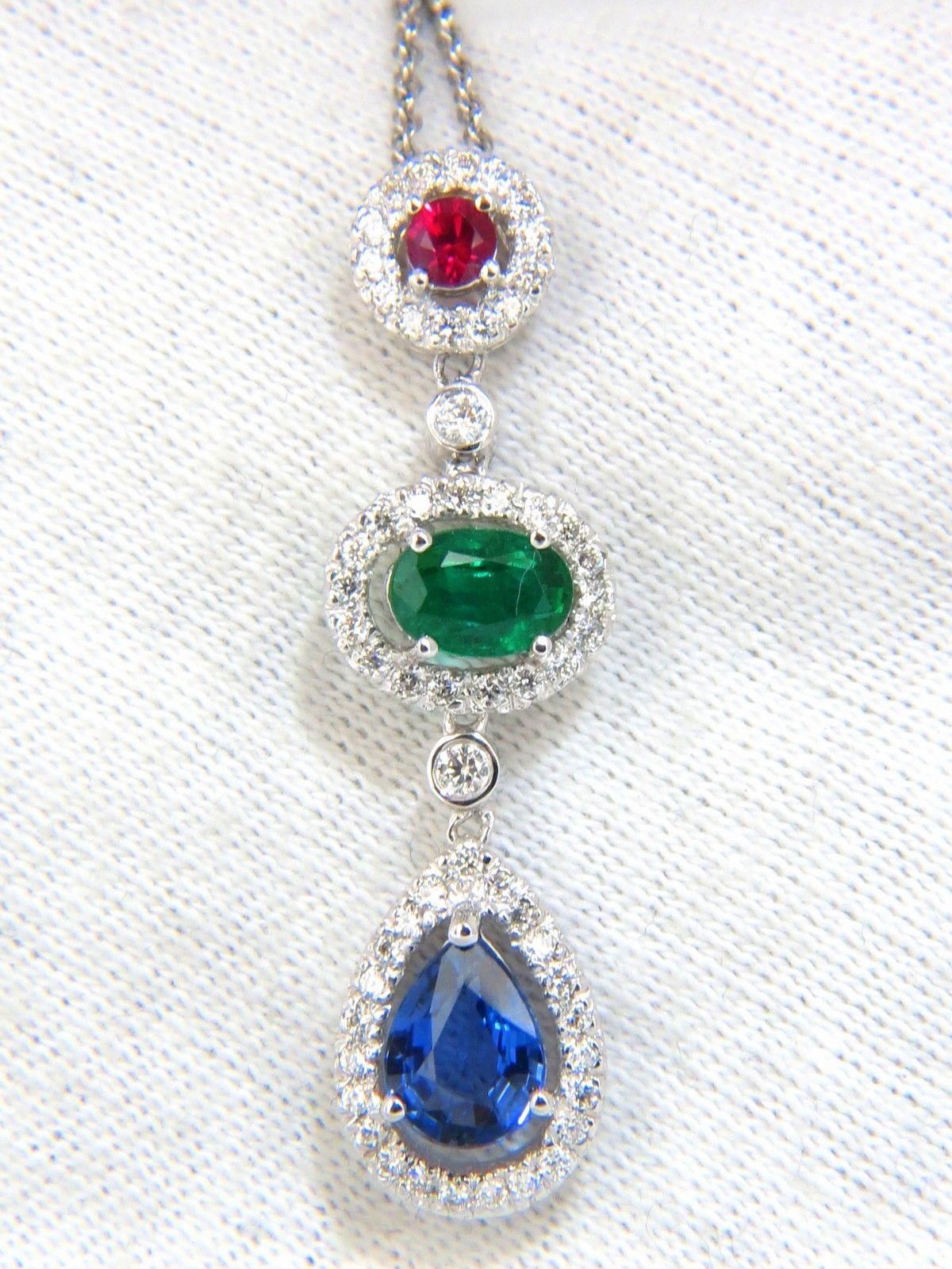 Pear Cut 3.07 Carat Natural Sapphire Emerald Ruby Diamond Cluster Dangle Pendant 14 Karat