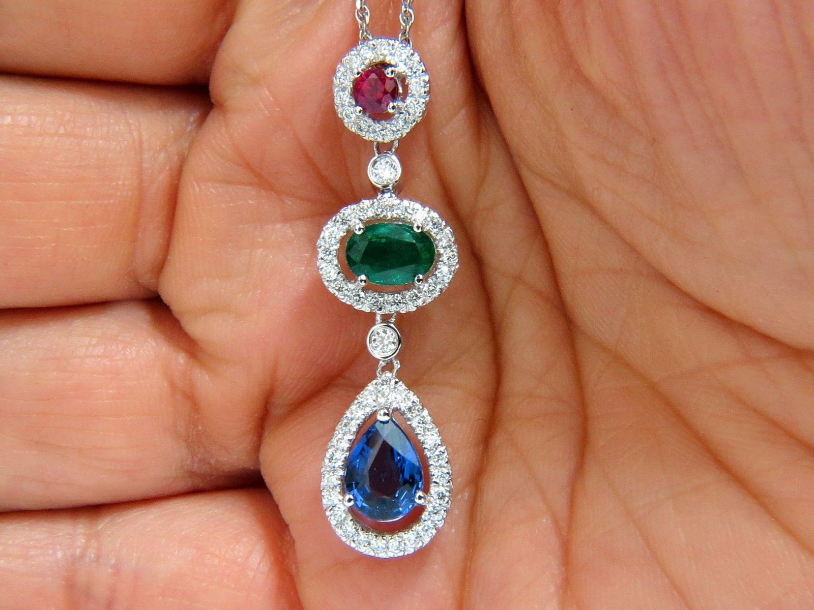 3.07 Carat Natural Sapphire Emerald Ruby Diamond Cluster Dangle Pendant 14 Karat In New Condition In New York, NY