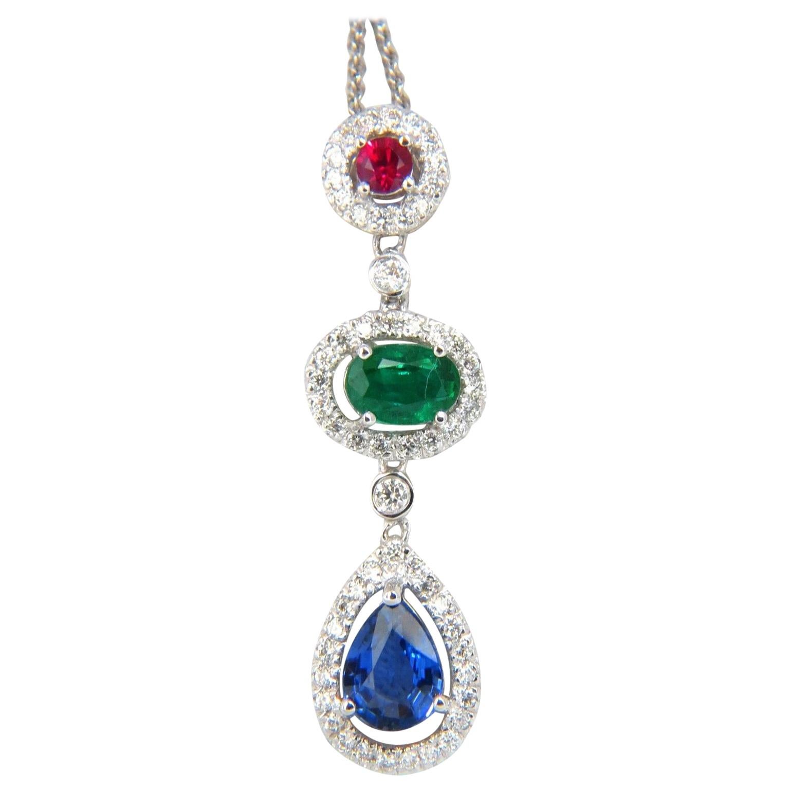 3.07 Carat Natural Sapphire Emerald Ruby Diamond Cluster Dangle Pendant 14 Karat