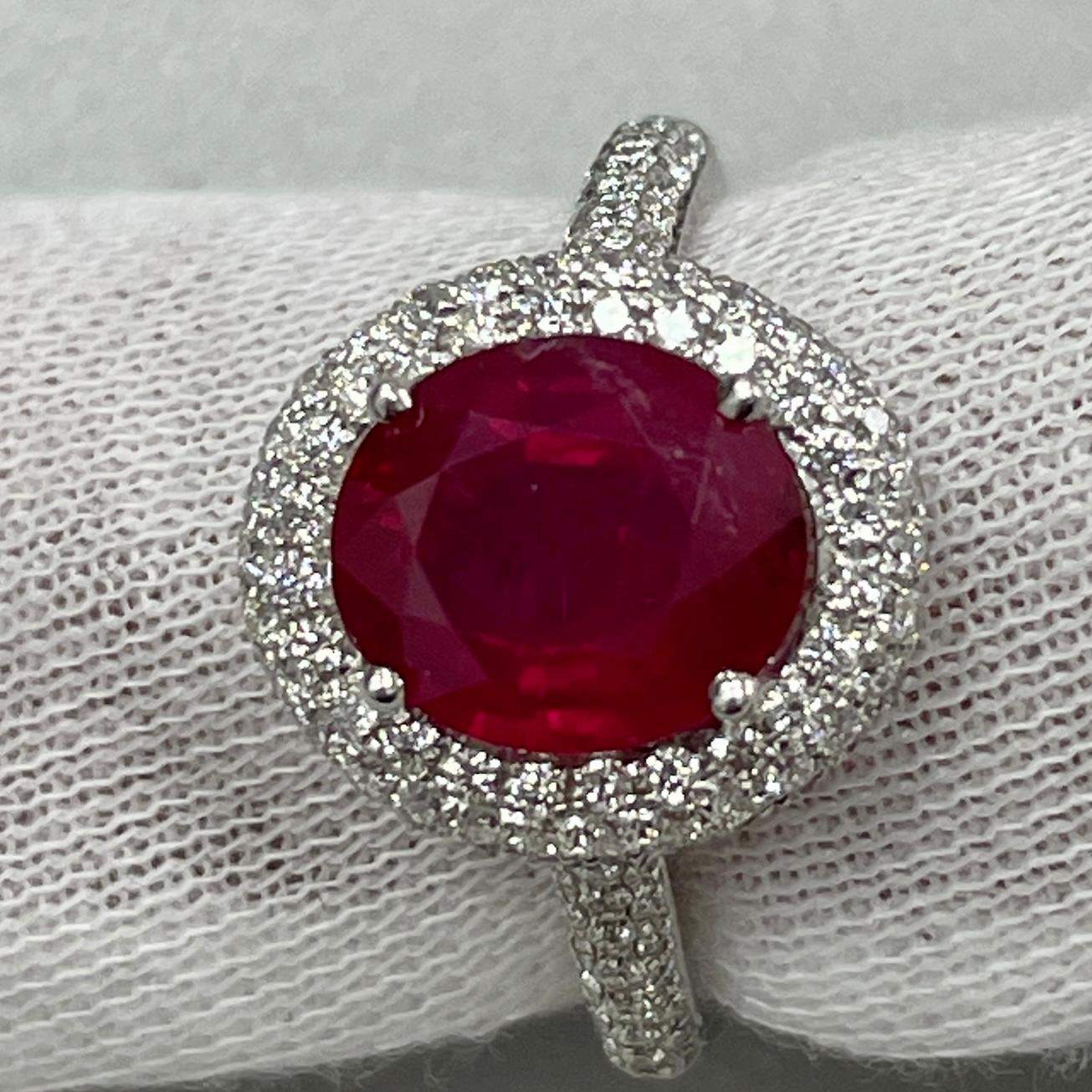 Oval Cut 3.07 Carat No Heat Ruby & Diamond 18K White Gold Ring For Sale