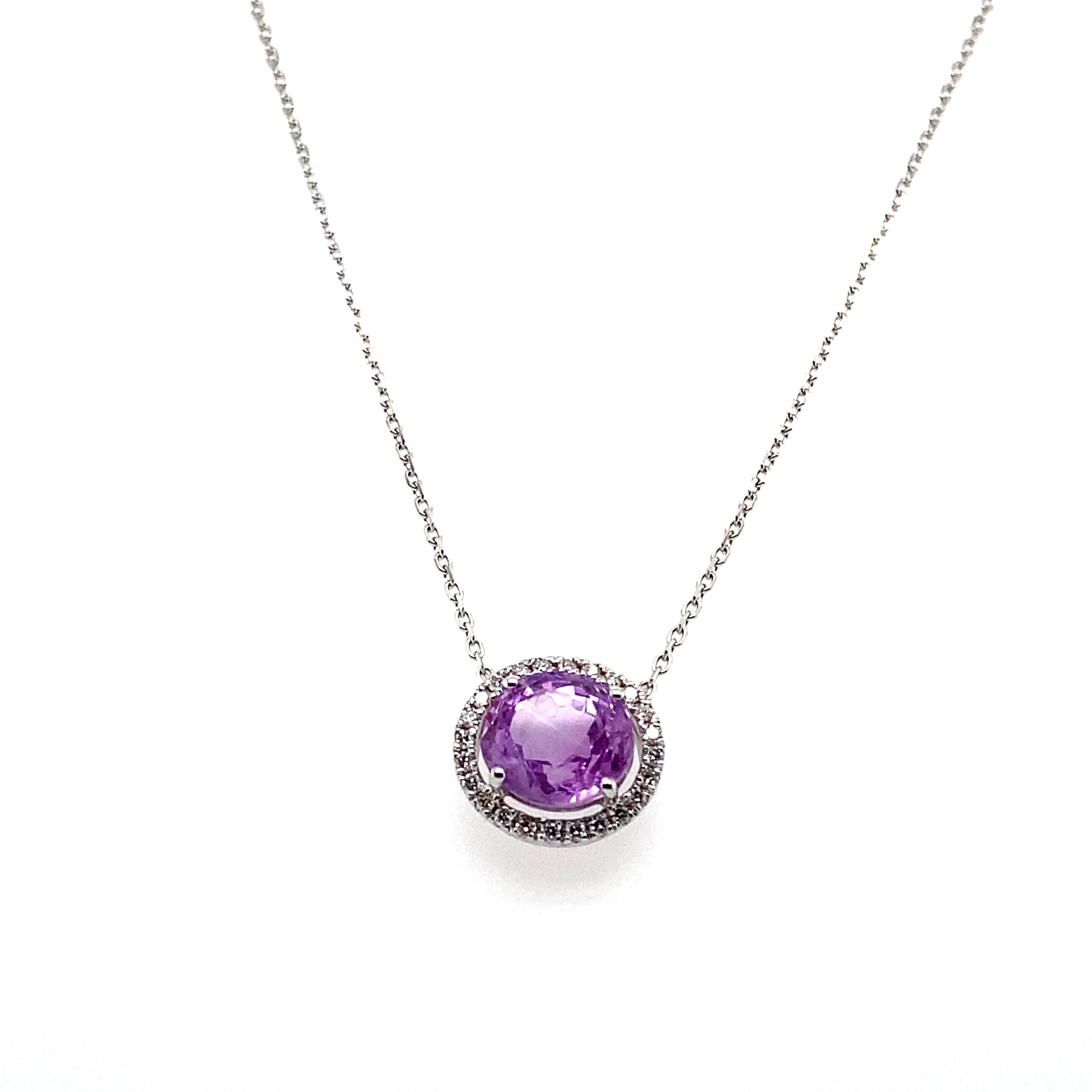3.07 Carat Oval-Cut No Heat Purple Sapphire and White Diamond Pendant Necklace:

A beautiful pendant necklace, it features a 3.07 carat oval-cut unheated purple sapphire in the centre surrounded by a halo of white round-brilliant cut diamonds