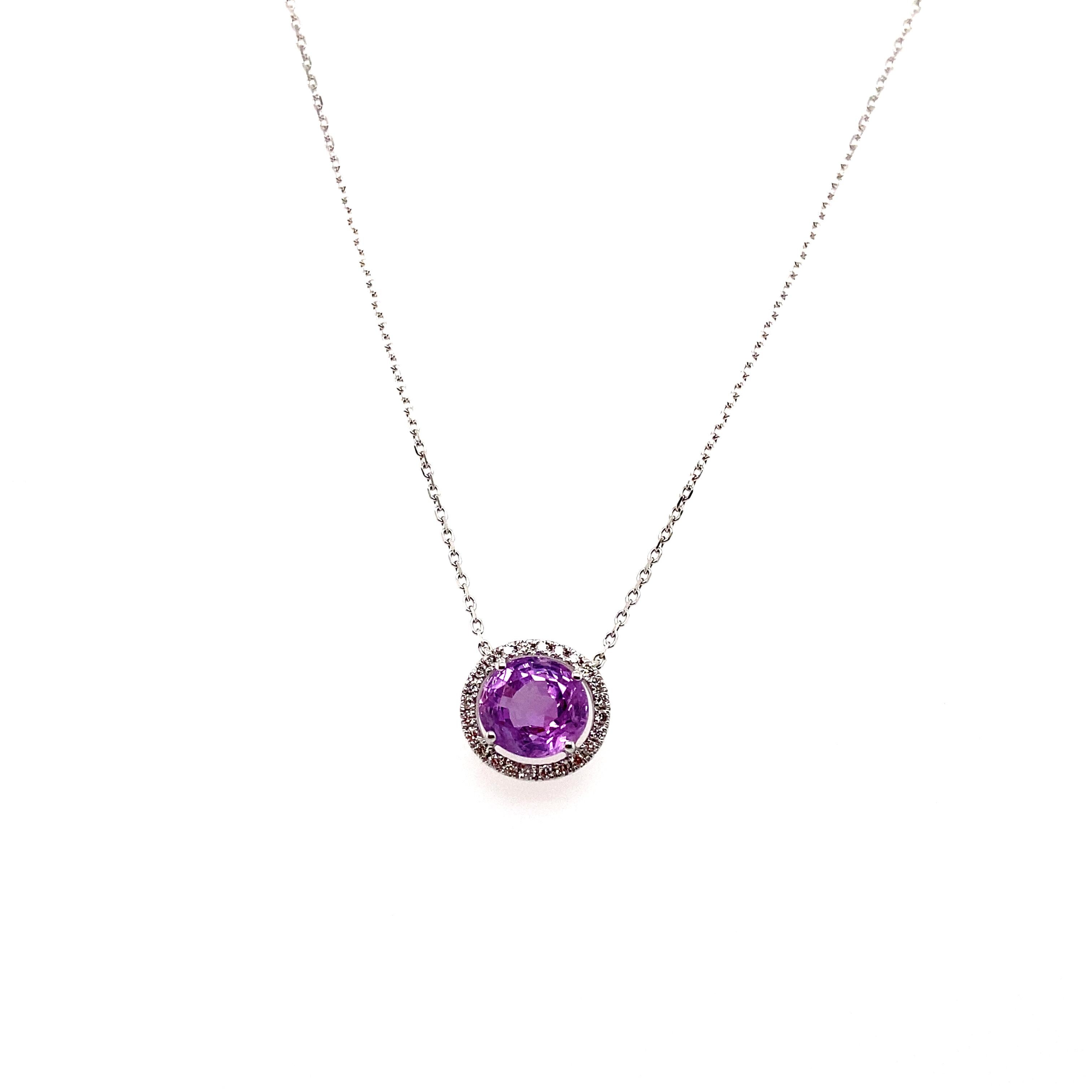 3.07Carat No Heat Purple Sapphire and Diamond Pendant Necklace For Sale 1