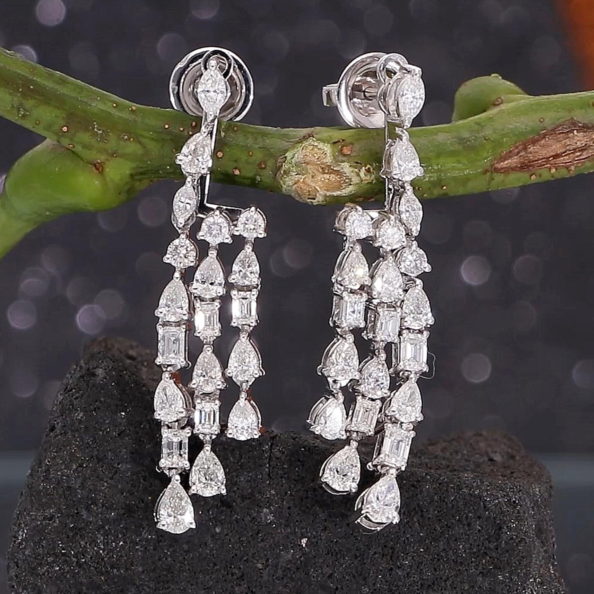 Modern 3.07 Carat Pear Emerald Cut Diamond Dangle Earrings 14 Karat White Gold Jewelry For Sale