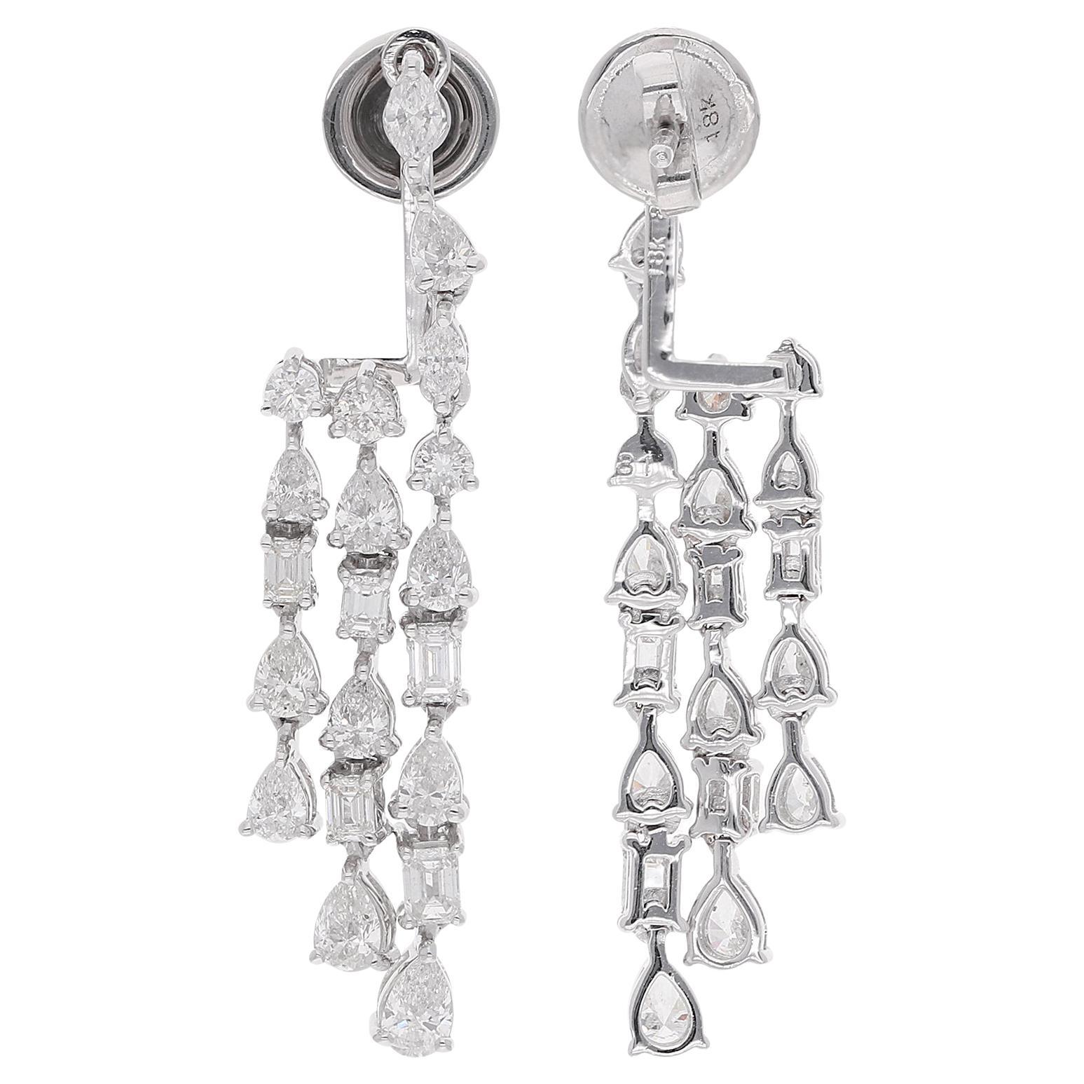 3.07 Carat Pear Emerald Cut Diamond Dangle Earrings 14 Karat White Gold Jewelry