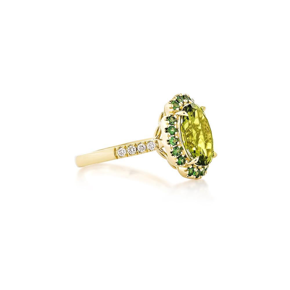 Diese Kollektion bietet eine Auswahl der Olivia-Farbtöne des Peridots. Dieser Ring mit Tsavorit und Diamanten in Gelbgold ist ein einzigartiges Design, das ein reiches und königliches Aussehen bietet.

Peridot Fancy Ring in 18 Karat Gelbgold mit